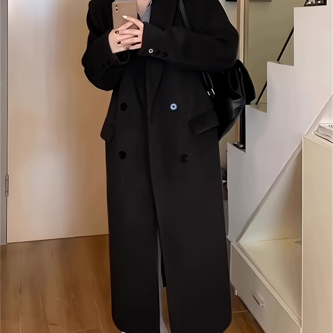 Sixsr Notched Collar Double-breasted Coat, Casual Long Sleeve Midi Overcoat For Fall & Winter, Women's Clothing