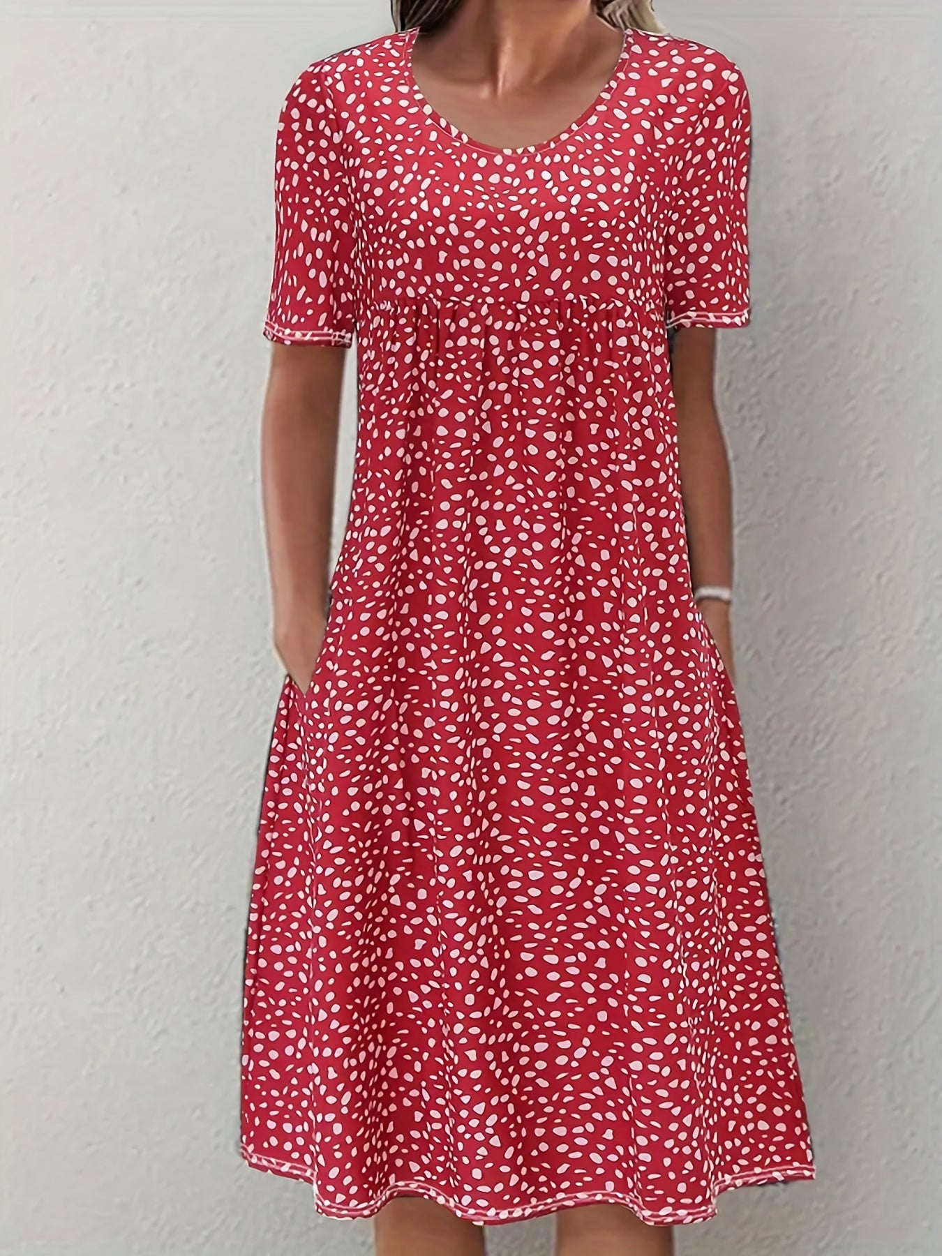 Sixsr Boho Floral Print Dual Pockets Dress, Casual Crew Neck Short Sleeve Dress, Women's Clothing