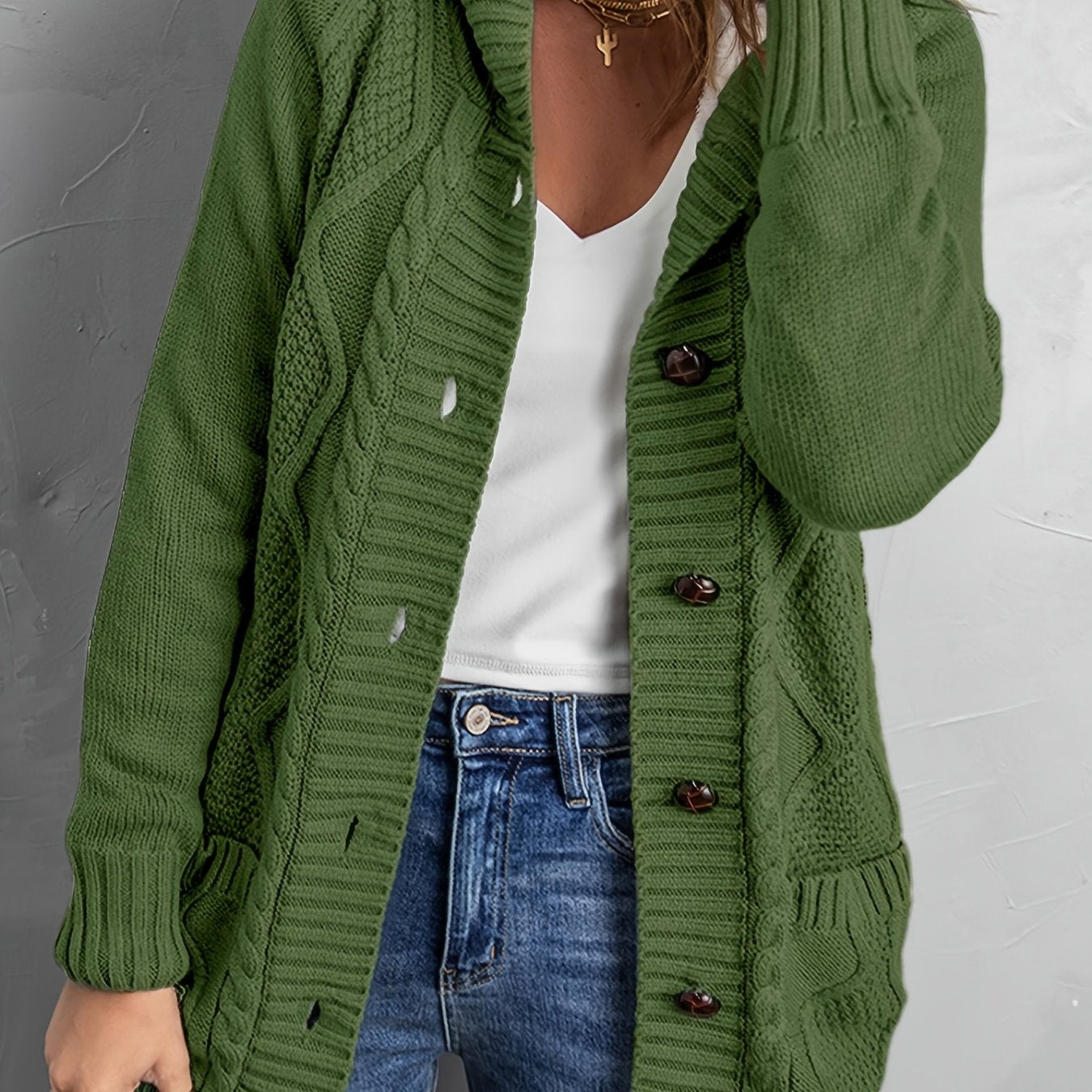 Sixsr Oversized Knit Hoodie, Long Chunky Knit Front Pocket Hooded Cardigan Sweater, Casual Tops For Fall & Winter, Women's Clothing