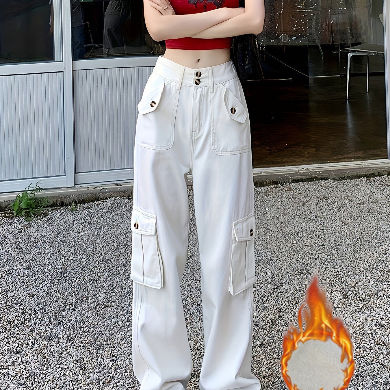 Sixsr Plain Fleece Liner Straight Jeans, High Waist Loose Fit Flap Pockets Y2K Cargo Pants, Women's Denim Jeans & Clothing