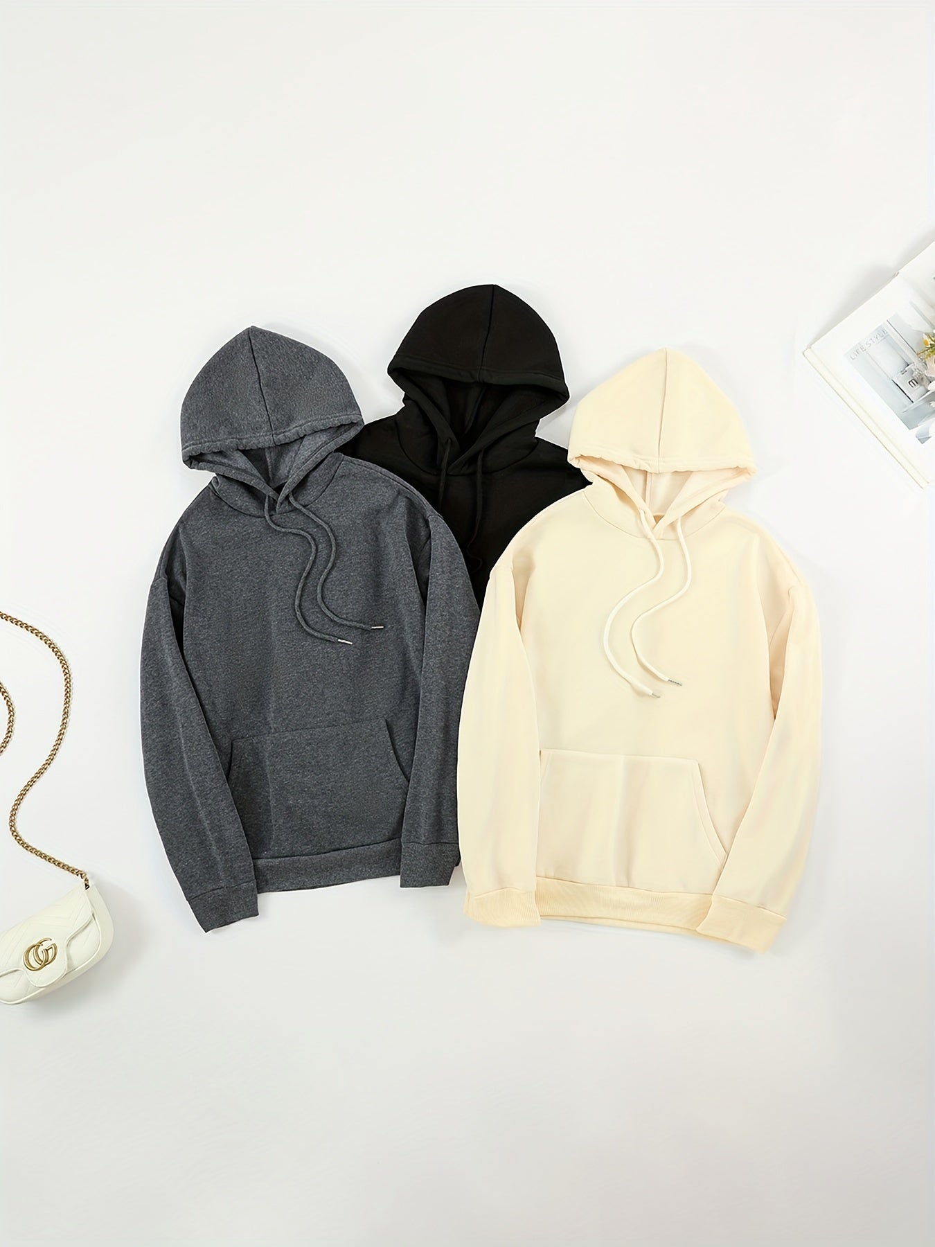 Sixsr 3pcs Solid Color Front Pocket Hooded Sweatshirts, Casual Loose Long Sleeve Sports Drawstring Hoodie, Women's Sporty Sweatshirts