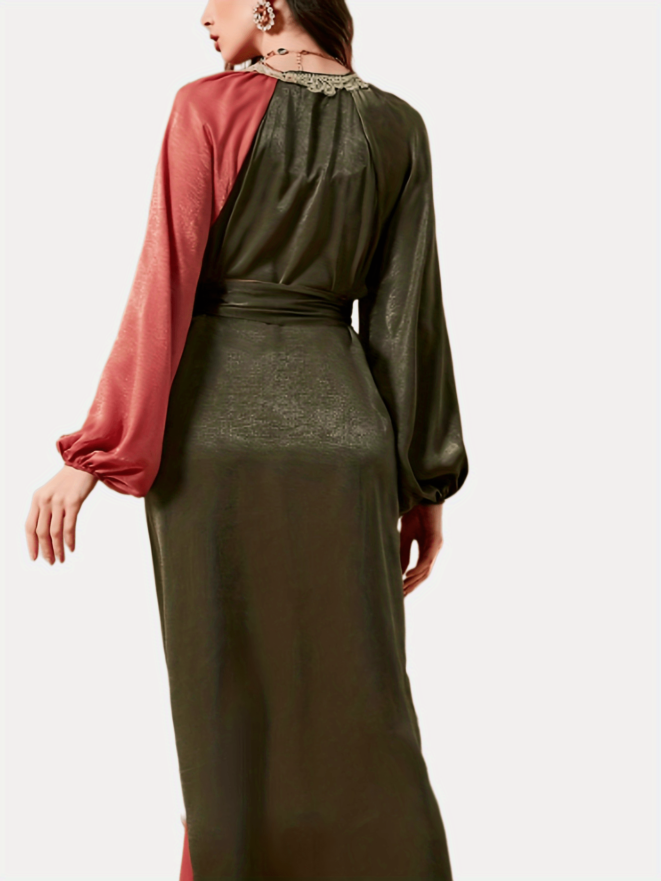 Sixsr Color Block Lace Trim Belted Dress, Elegant V-neck Lantern Sleeve Dress For Spring & Fall, Women's Clothing