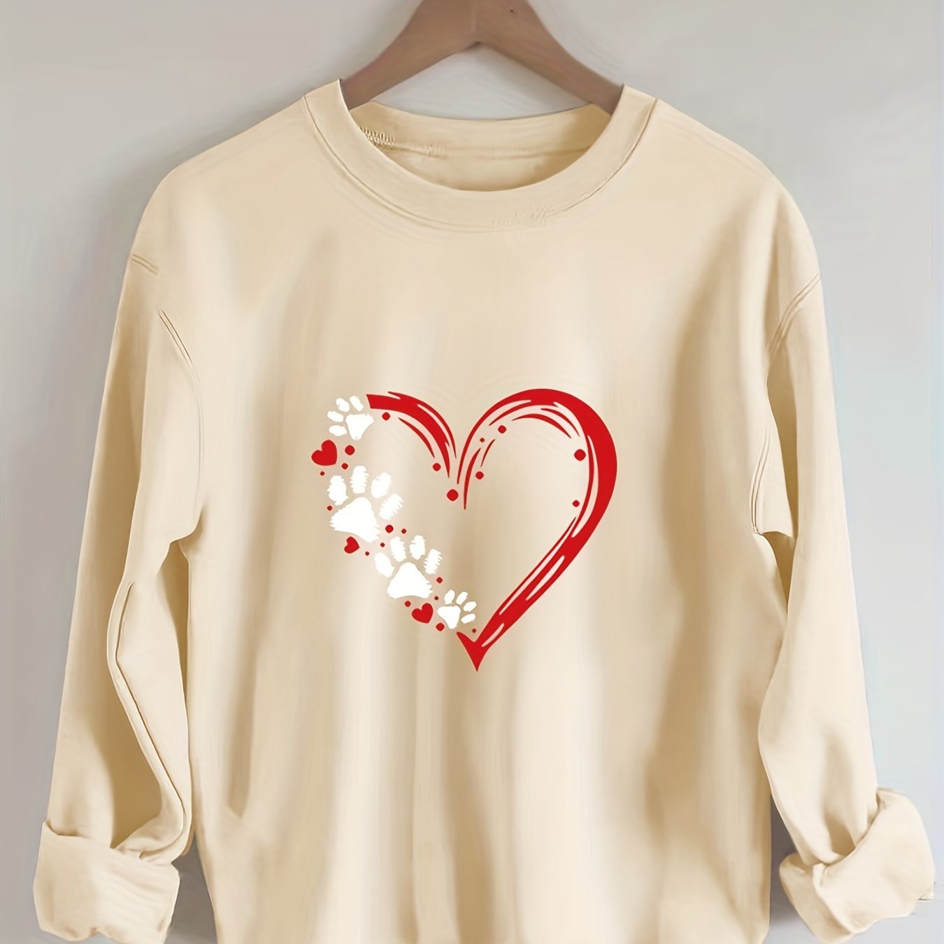 Sixsr Plus Size Casual Sweatshirt, Women's Plus Paw Heart Print Long Sleeve Round Neck Slight Stretch Sweatshirt