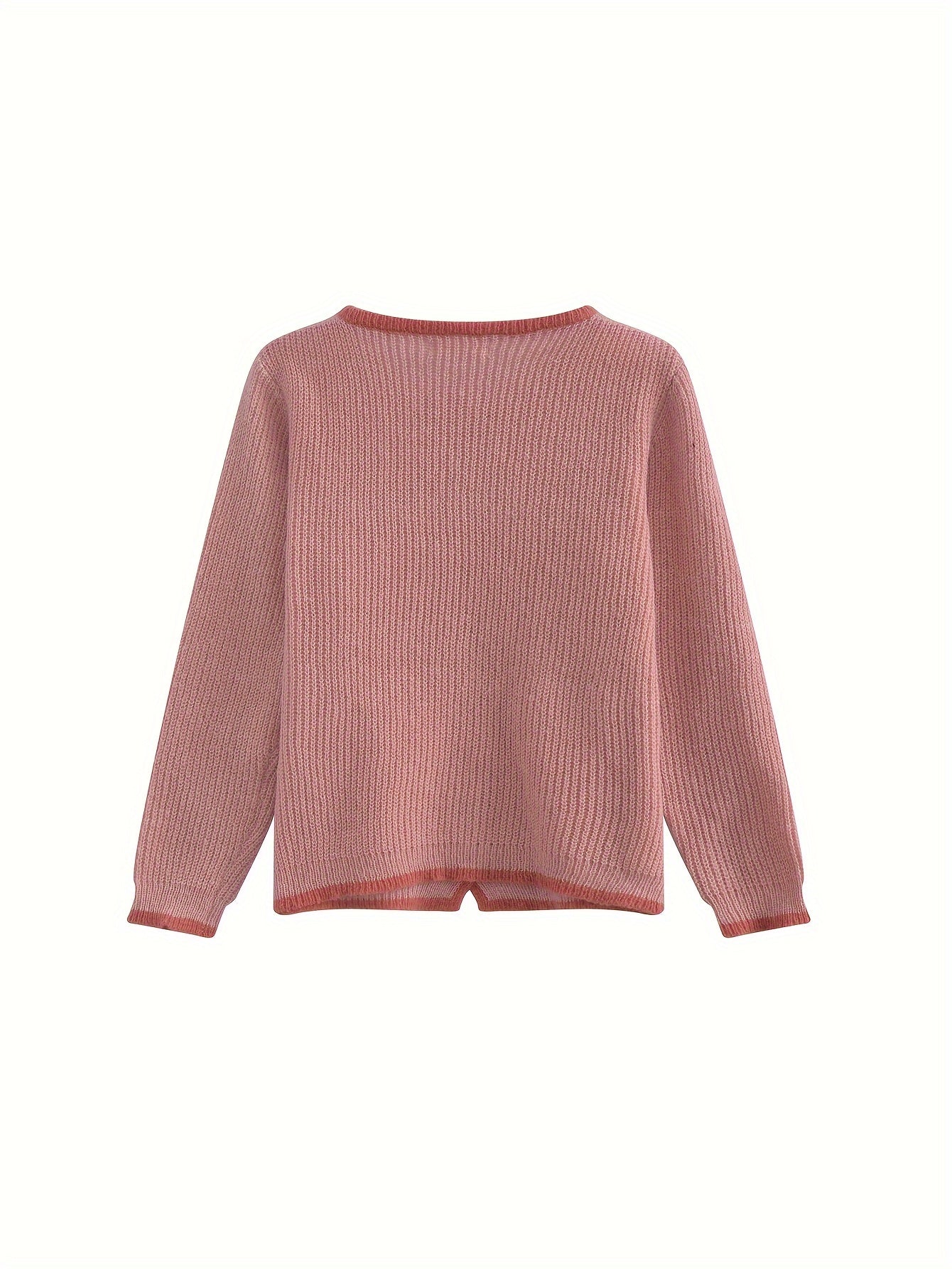 Sixsr Contrast Trim Button Front Cardigan, Chic Long Sleeve Dual Pockets Knit Cardigan, Women's Clothing