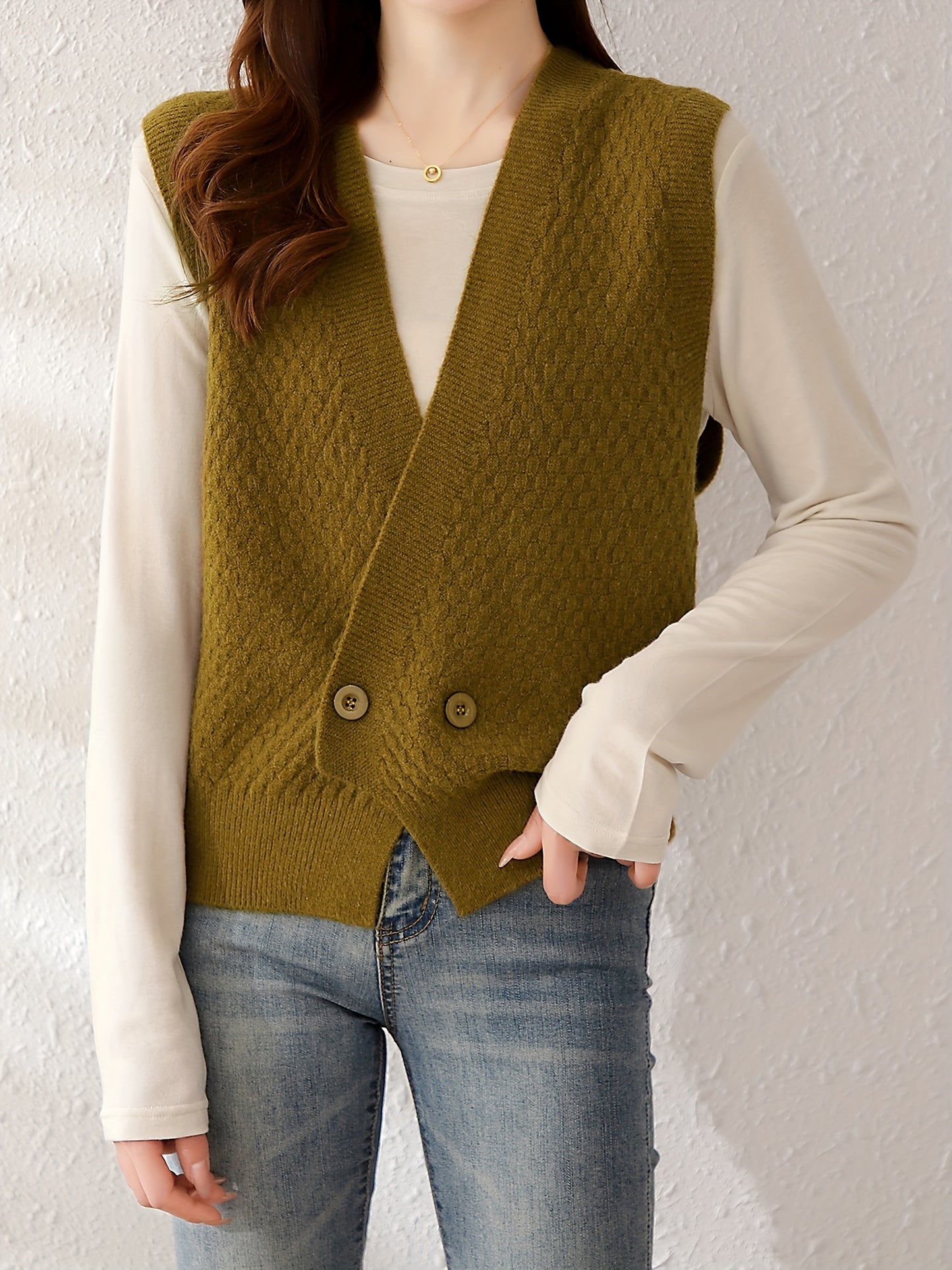 Sixsr Solid Button Front Vest, Vintage V Neck Sleeveless Vest, Women's Clothing