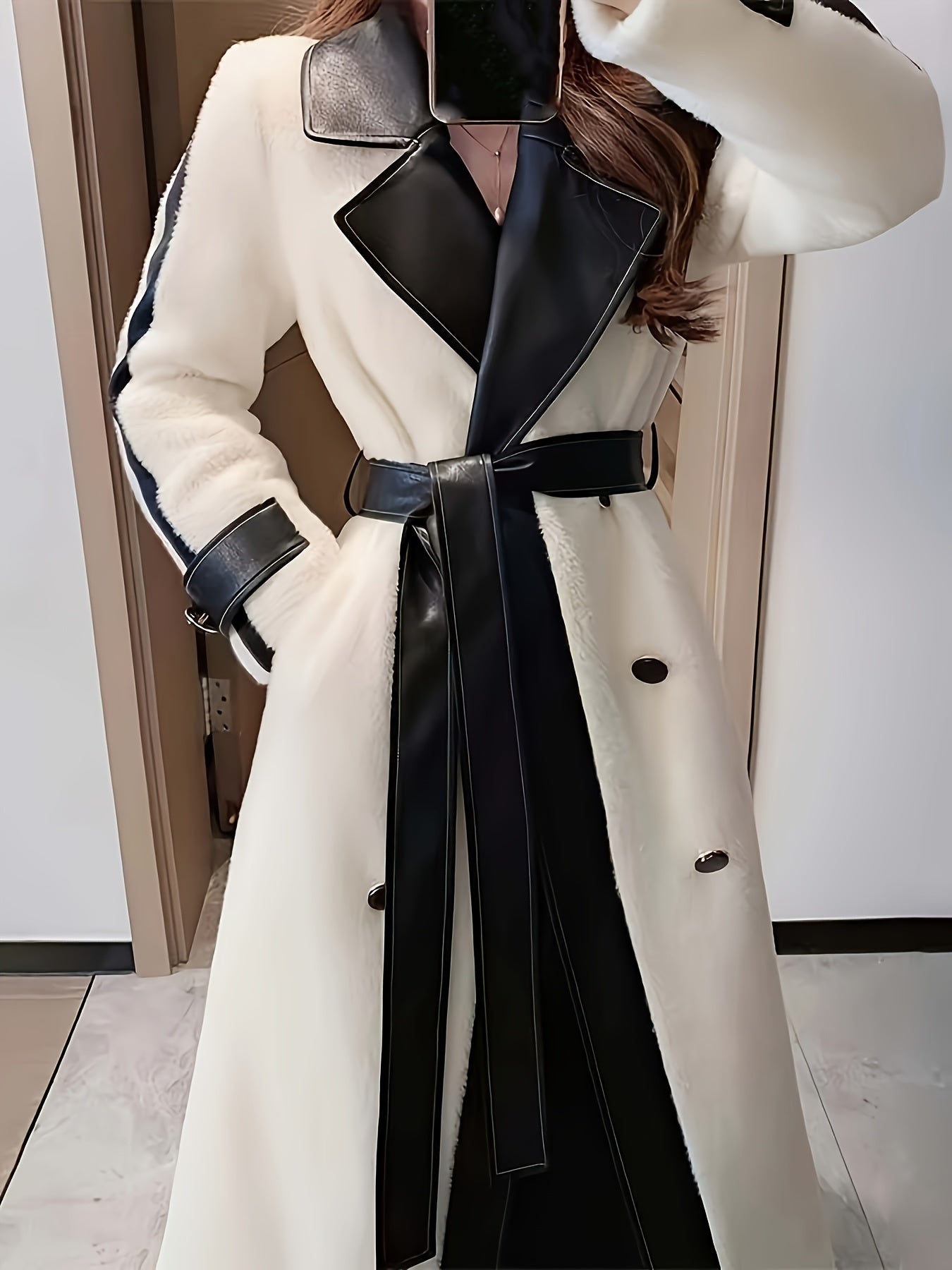 Sixsr Color Block Lapel Collar Belted Coat, Elegant Long Sleeve Plush Warm Outerwear, Women's Clothing
