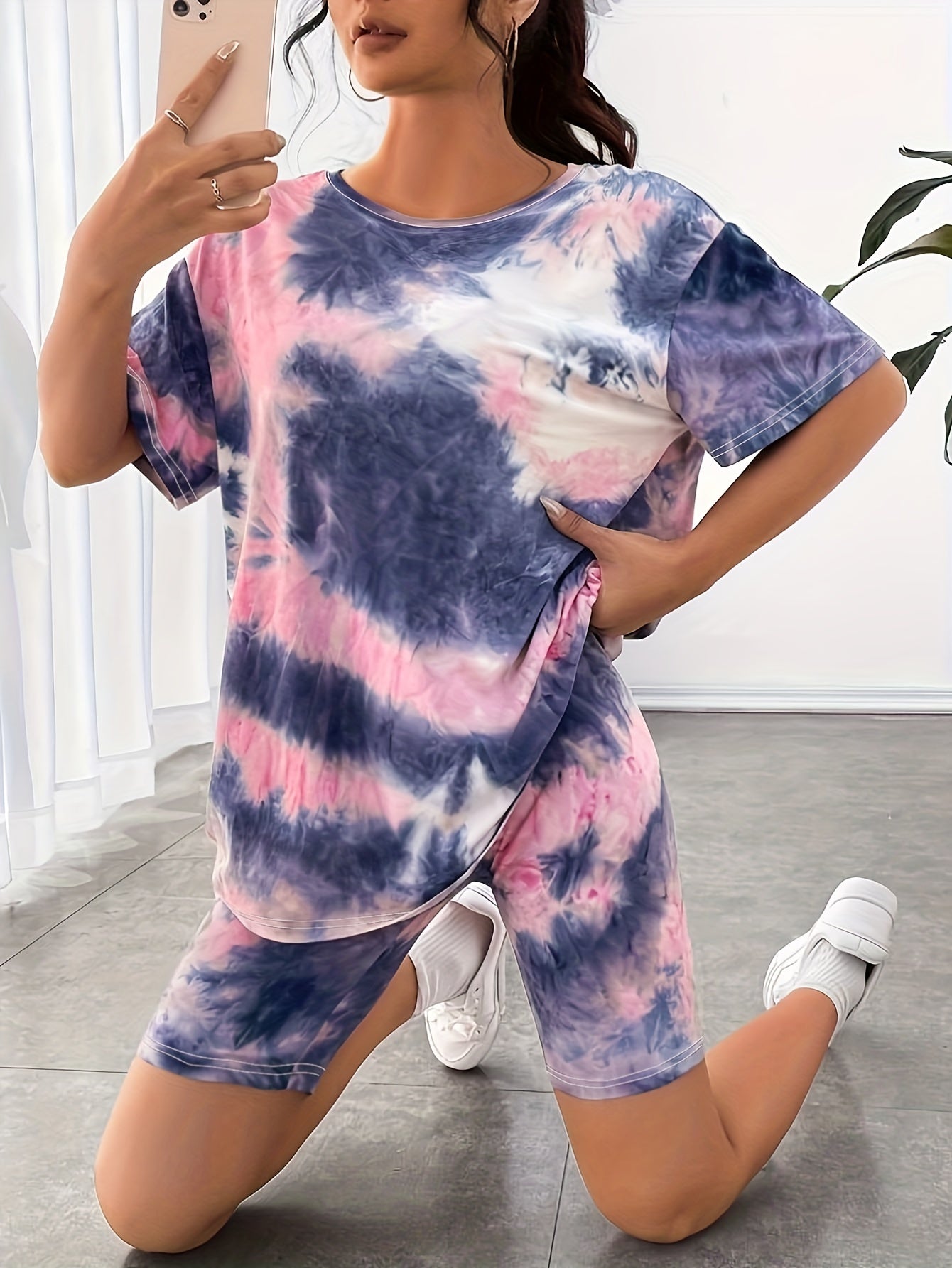 Sixsr Casual Tie Dye Two-piece Set, Drop Shoulder Crew Neck Top & Cropped Leggings Outfits, Women's Clothing