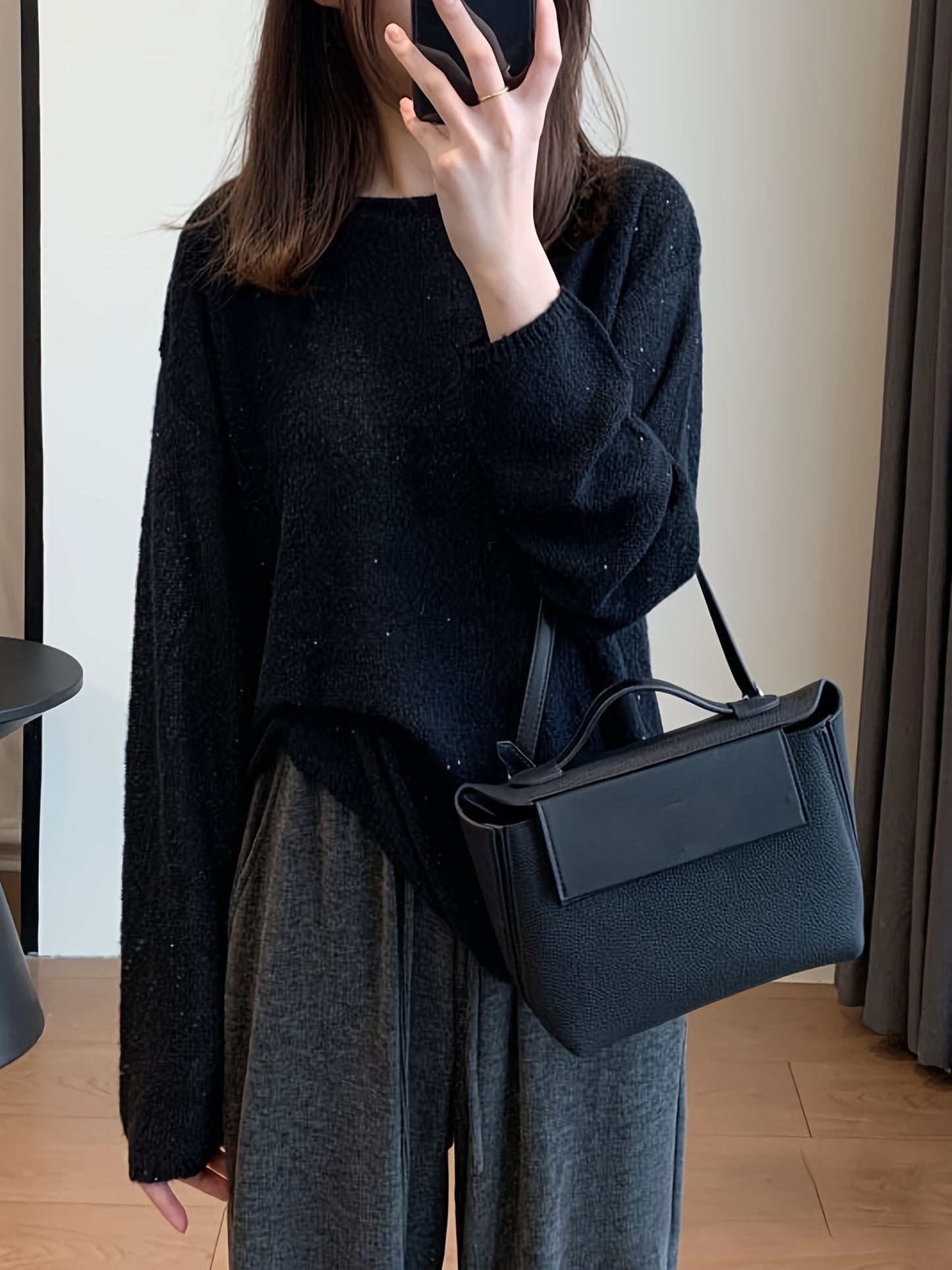 Sixsr Solid Crew Neck Pullover Sweater, Elegant Long Sleeve Drop Shoulder Sweater, Women's Clothing