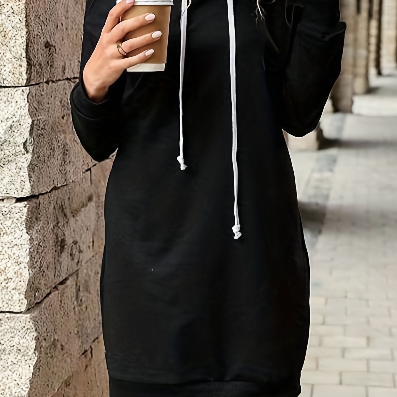 Sixsr Solid Cold Shoulder Drawstring Hooded Dress, Casual Long Sleeve Mini Dress With Pocket, Women's Clothing