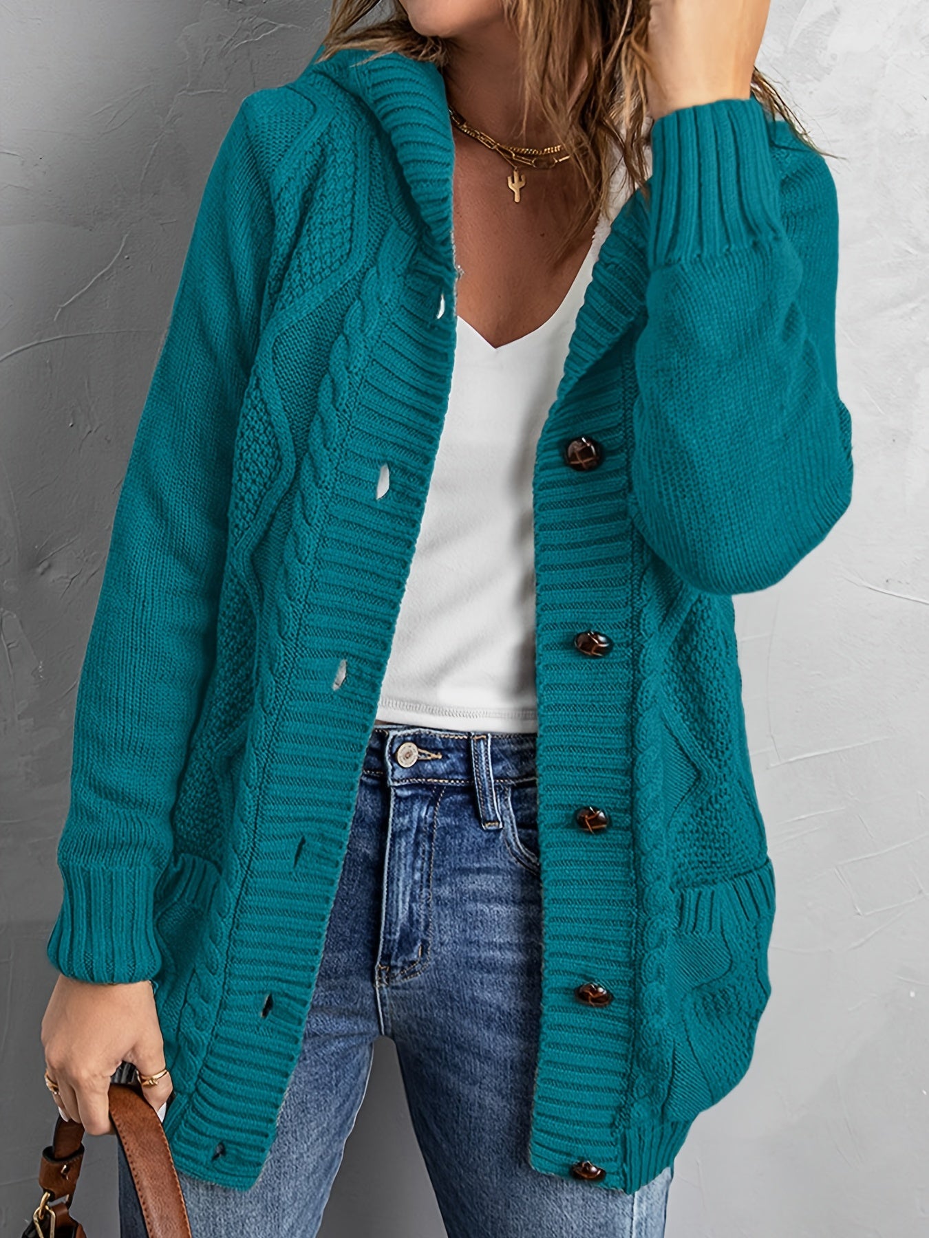 Sixsr Oversized Knit Hoodie, Long Chunky Knit Front Pocket Hooded Cardigan Sweater, Casual Tops For Fall & Winter, Women's Clothing