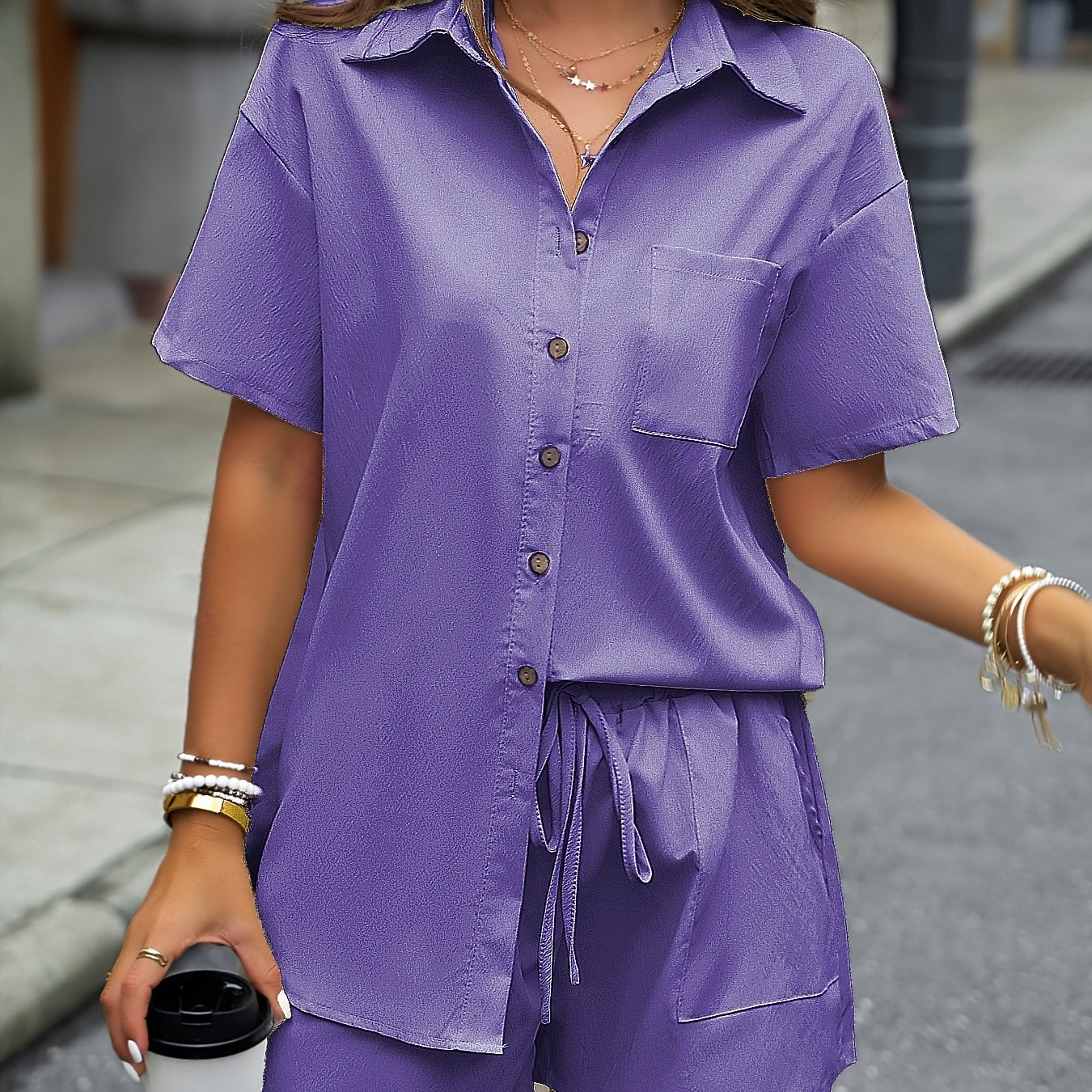 Sixsr Solid Casual Two-piece Set, Button Front Turn Down Collar Mid Length Shirt & Drawstring Elastic Waist Shorts Outfits, Women's Clothing