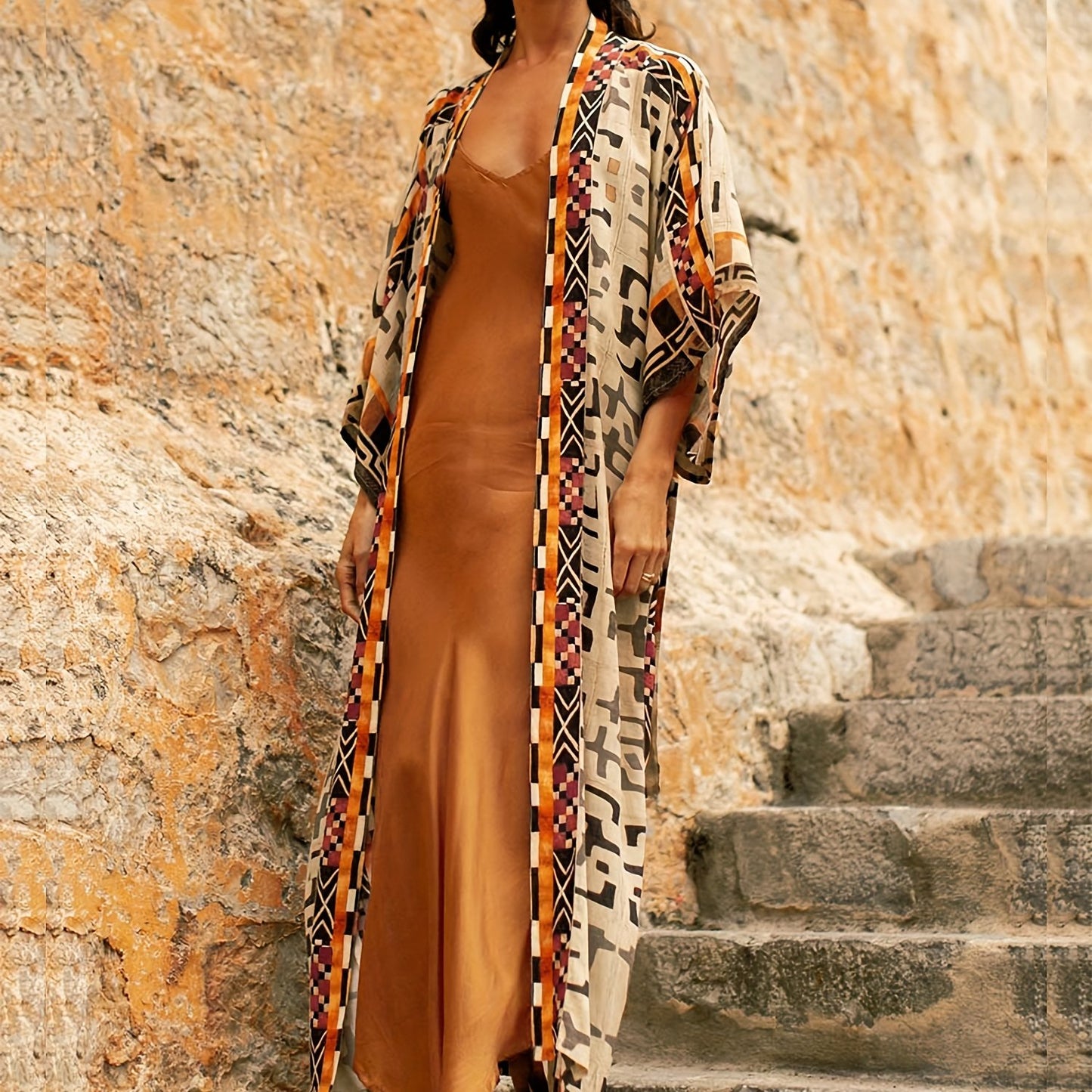 Sixsr Geo Print Open Front Belted Kimono, Boho Long Sleeve Beachwear Cove Up, Women's Clothing