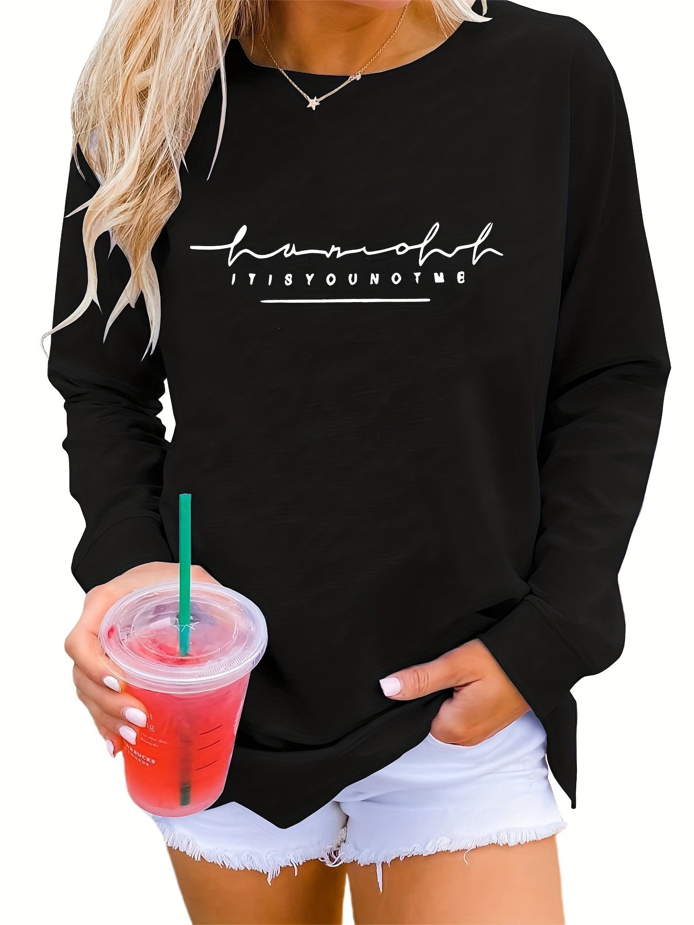 Sixsr Plus Size Casual Sweatshirt, Women's Plus Art Letter Print Long Sleeve Crew Neck Medium Stretch Pullover Sweatshirt, Casual Tops For Fall & Winter, Plus Size Women's Clothing