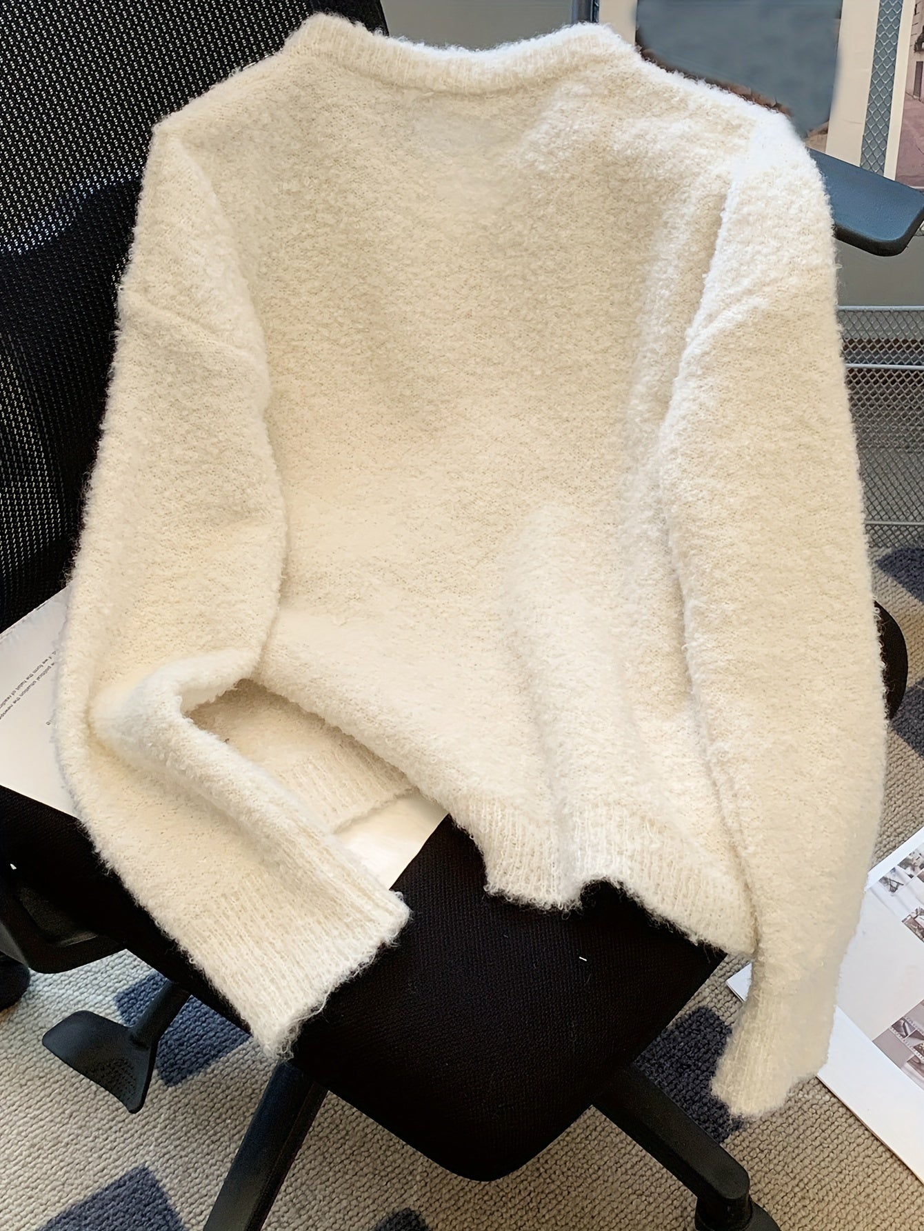 Sixsr Solid Button Down Fuzzy Knit Cardigan, Casual Crew Neck Long Sleeve Thick Sweater, Women's Clothing