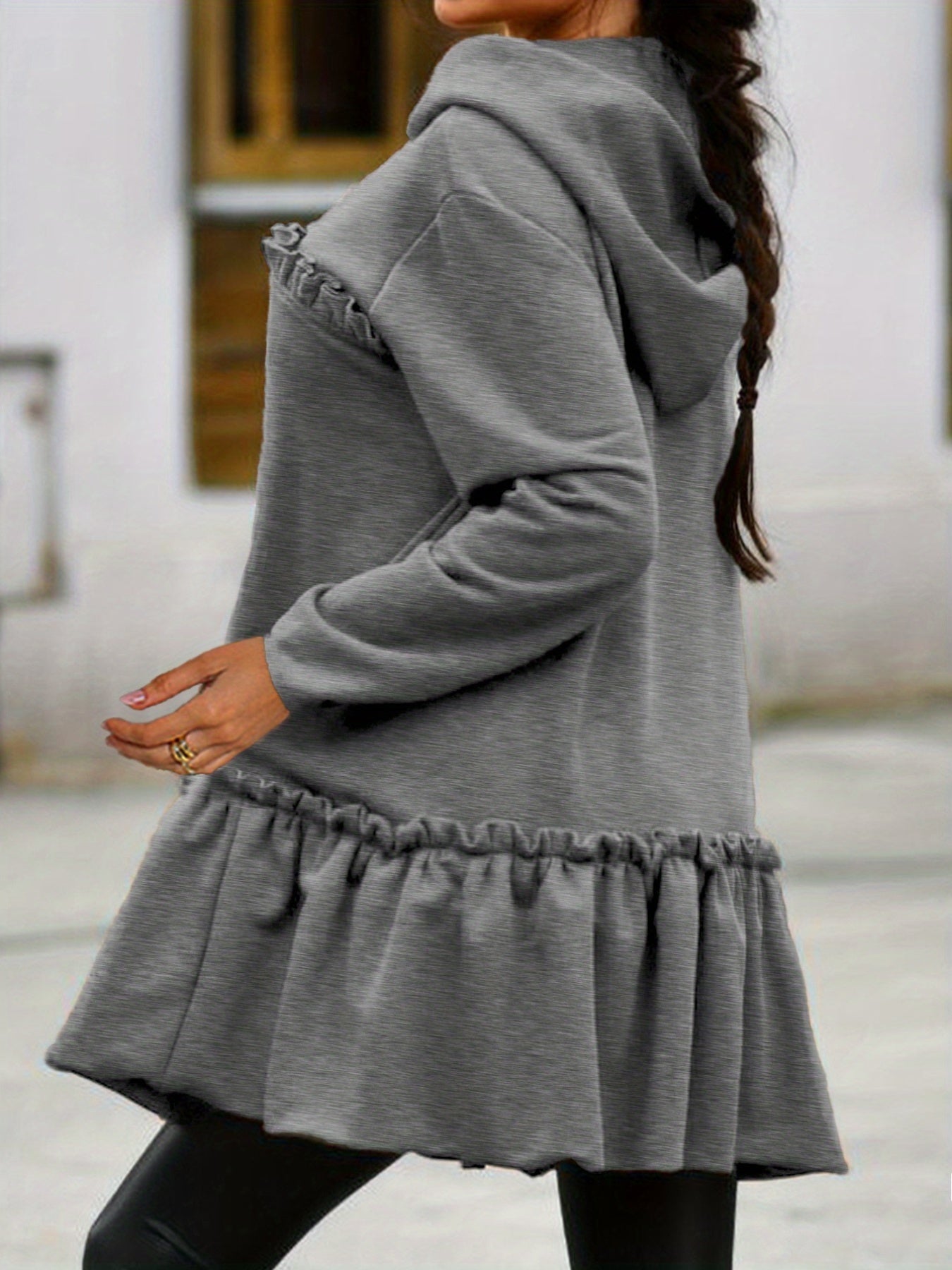 Sixsr Flared Ruffle Trim Hoodies, Casual Zip Up Long Sleeve Solid Sweatshirt, Women's Clothing