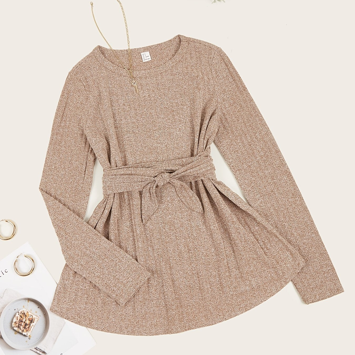 Sixsr Basic Tie Front Ribbed Knit Tee Top, Long Sleeve Solid Crew Neck Top, Casual Every Day Tops, Women's Clothing