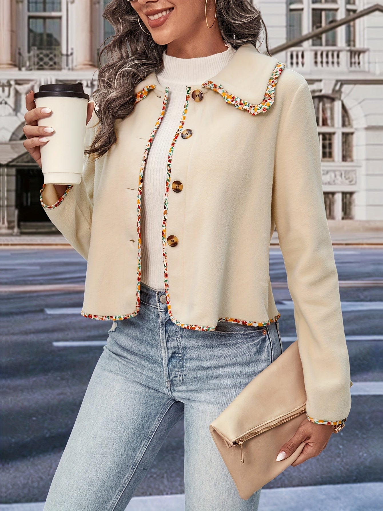 Sixsr Contrast Trim Fall & Winter Jacket, Elegant Button Front Long Sleeve Outerwear, Women's Clothing
