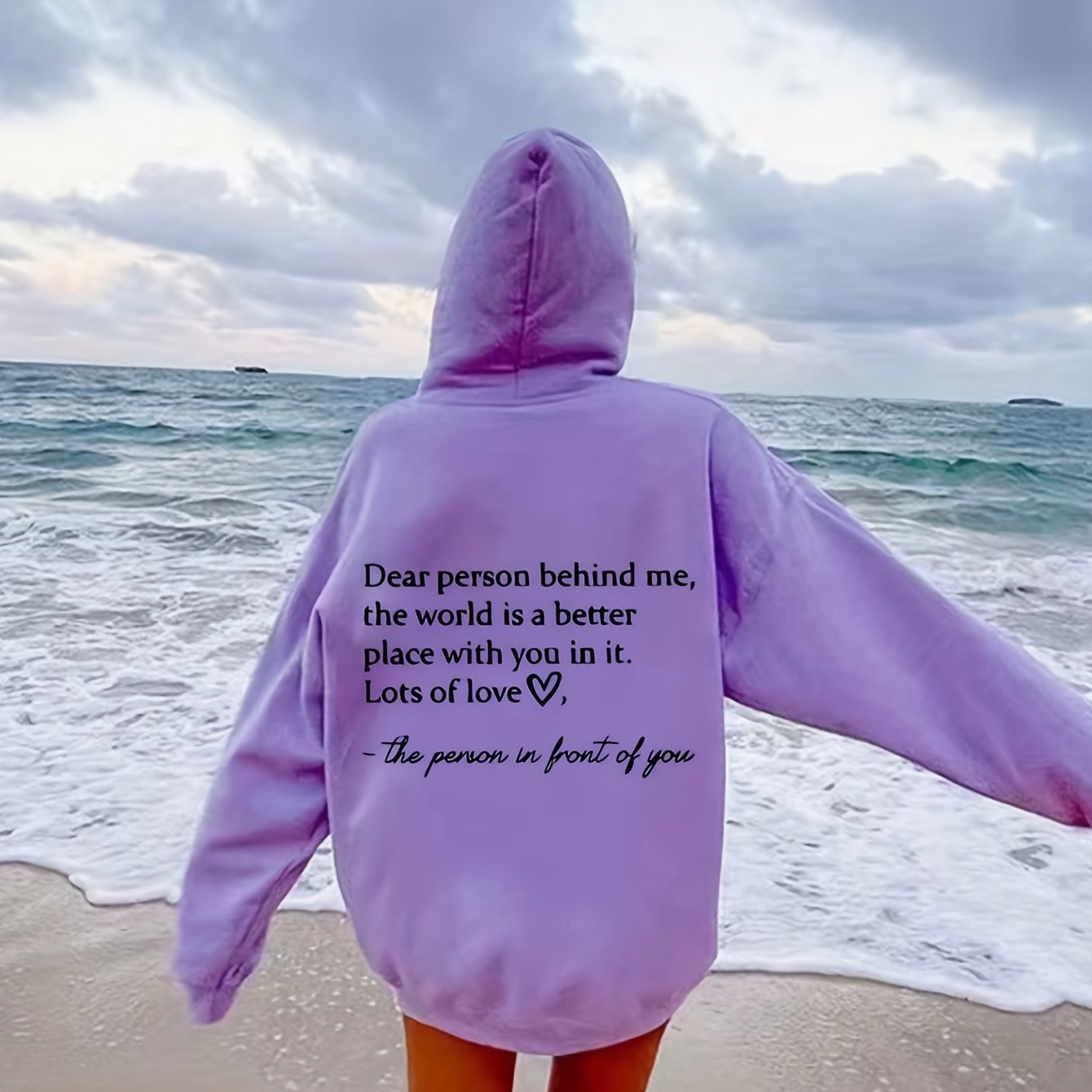 Sixsr Plus Size Casual Sweatshirt, Women's Plus Heart & Letter Print Long Sleeve Drawstring Hoodie
