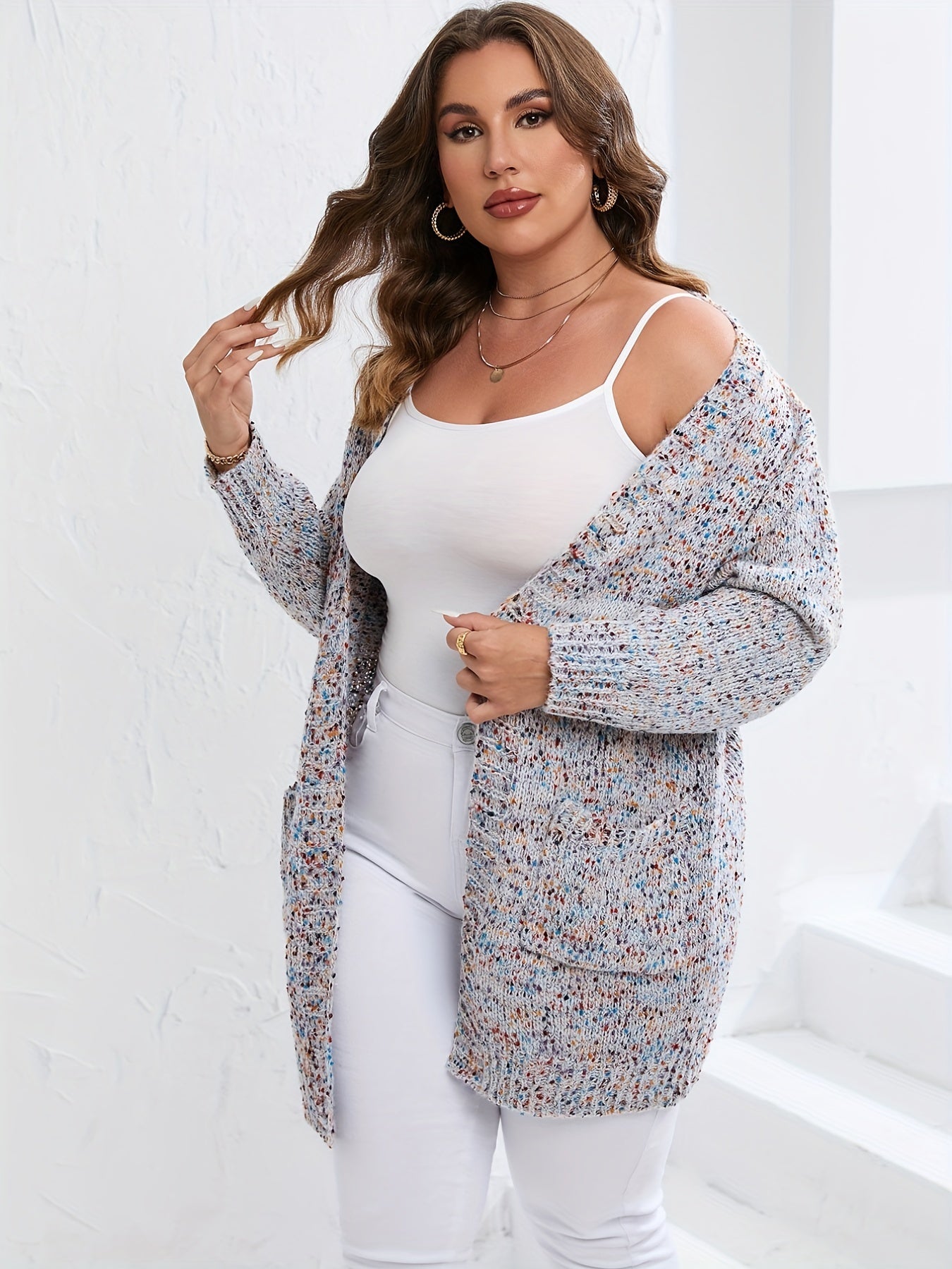 Sixsr Plus Size Ditsy Print Long Sleeve Oversized Pocket Cardigan, Women's Plus Casual Slight Stretch Sweater Cardigan