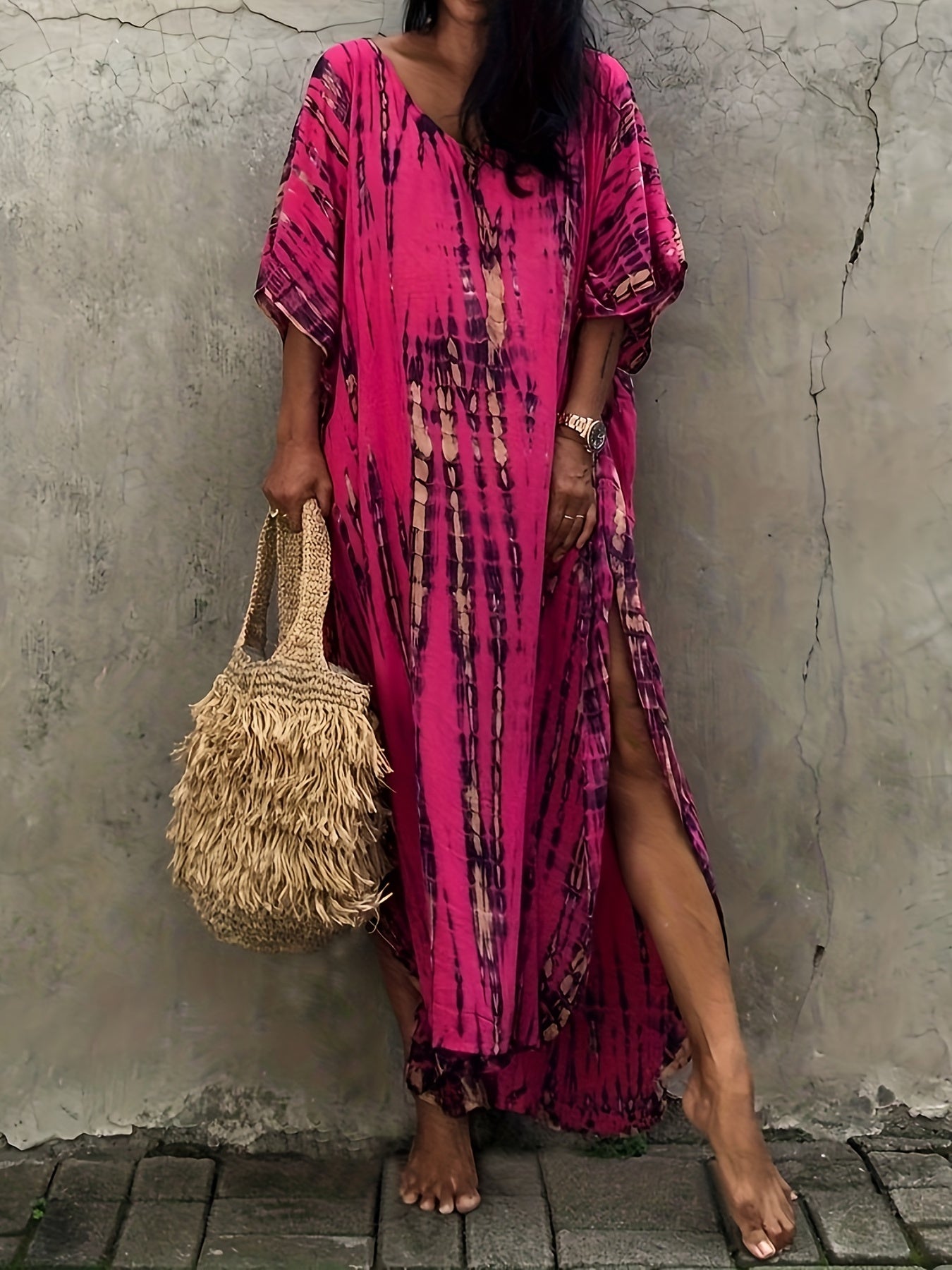 Sixsr V Neck Oversized Kaftan Dress, Bohemian Loose Beach Vacation Dress, Women's Clothing