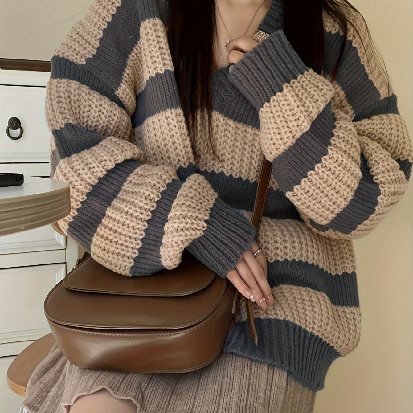 Sixsr Striped V Neck Pullover Sweater, Casual Long Sleeve Drop Shoulder Sweater, Women's Clothing