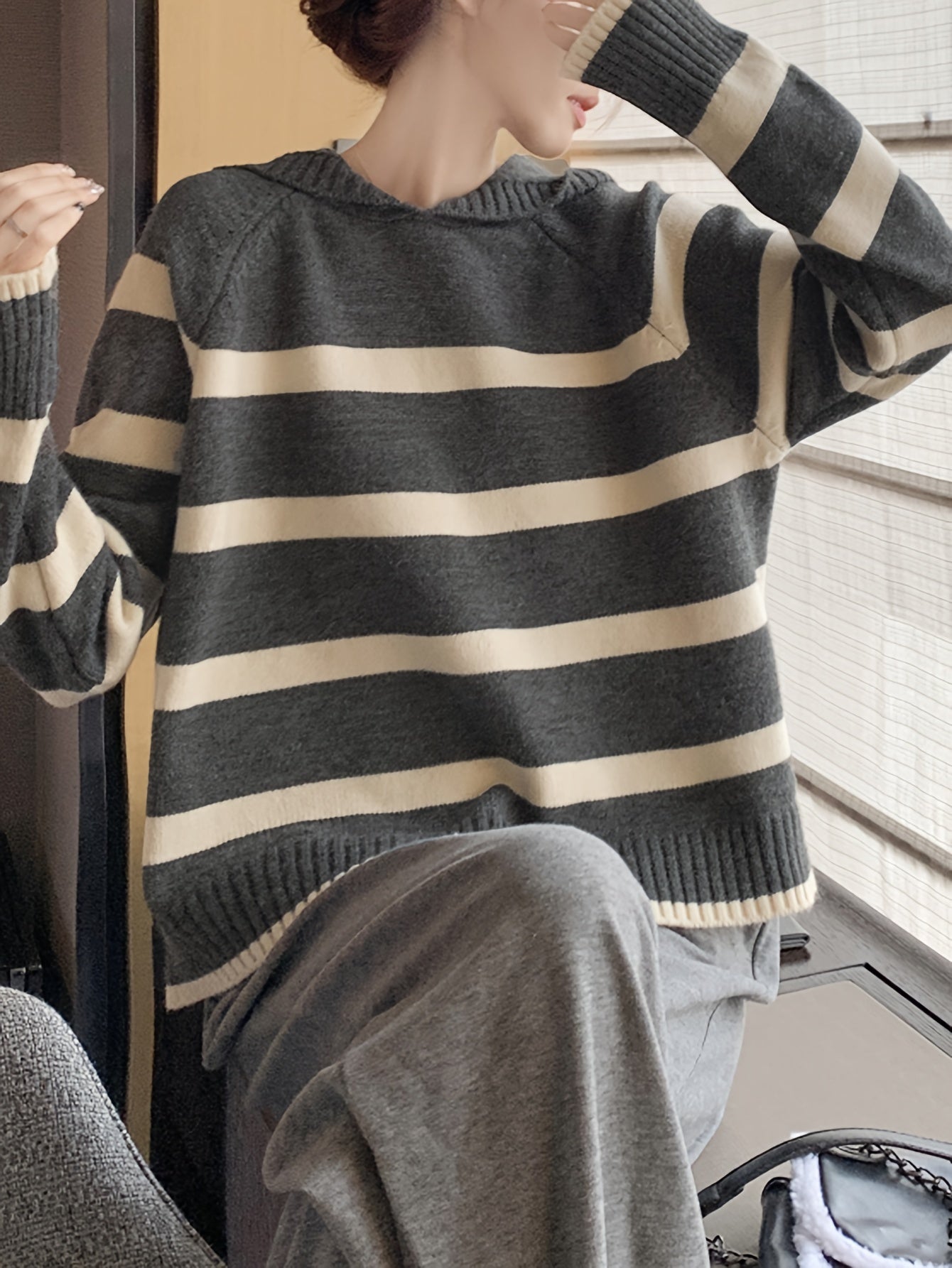 Sixsr Striped Pattern Hooded Sweater, Casual Long Sleeve Sweater For Fall & Winter, Women's Clothing