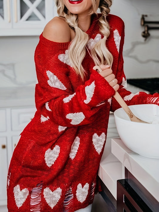 Sixsr Plus Size Casual Sweater, Women's Plus Heart Print Ripped Long Sleeve One Shoulder Sweater