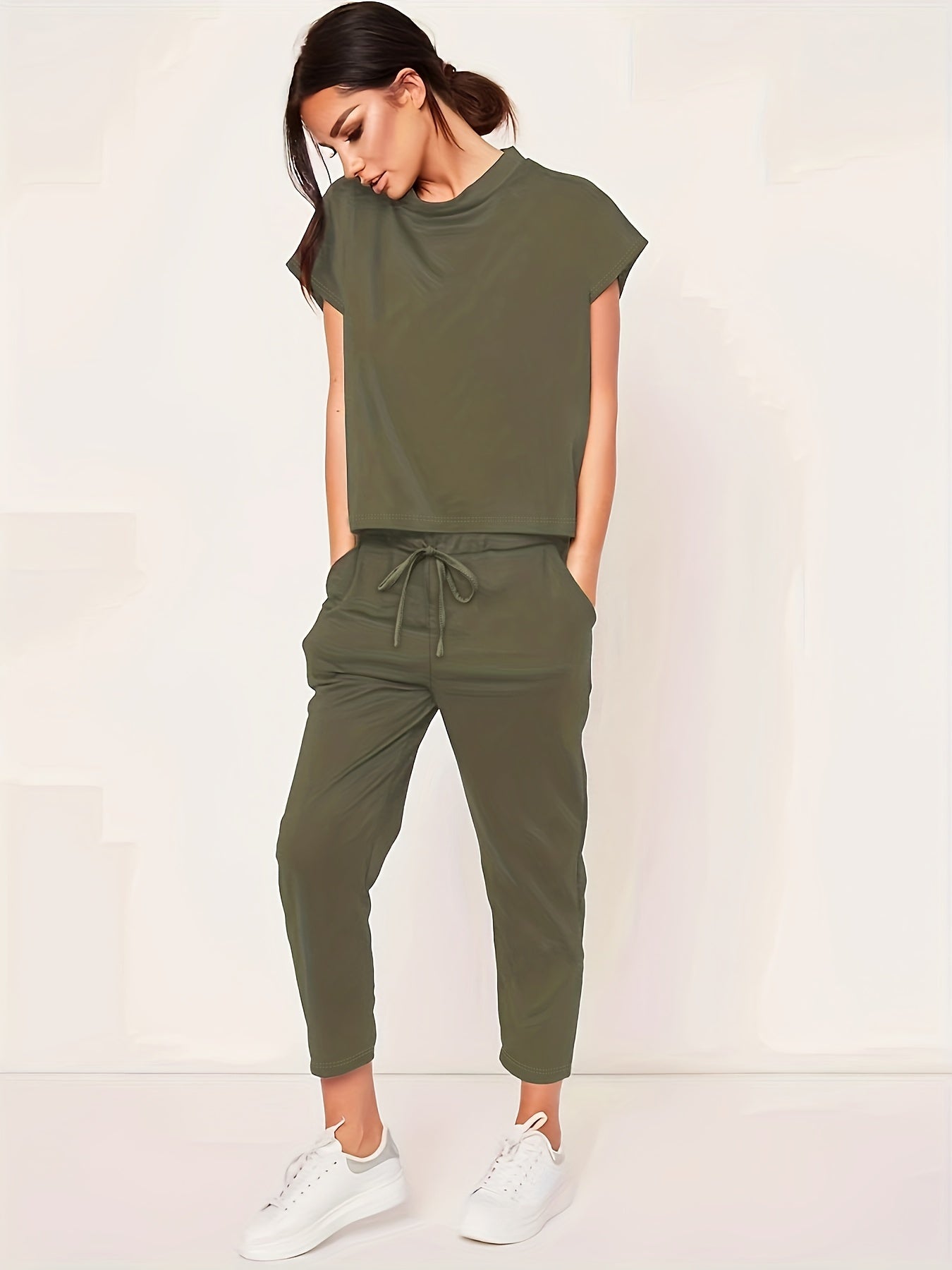 Sixsr Casual Solid Pantsuits Two-piece Set, Short Sleeve Round Neck Tops & Drawstring Cropped Pants Set, Women's Clothing
