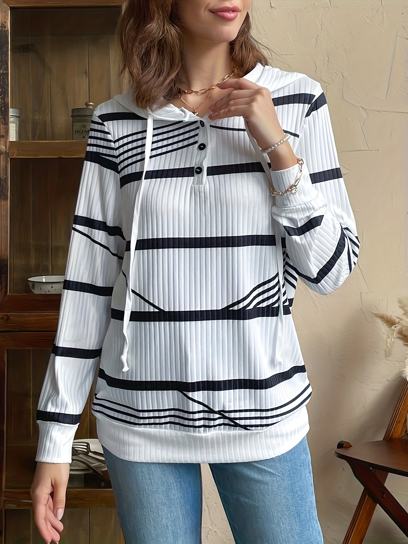 Sixsr Stripe Print Drawstring Hoodie, Casual Button Front Long Sleeve Hoodies, Women's Clothing