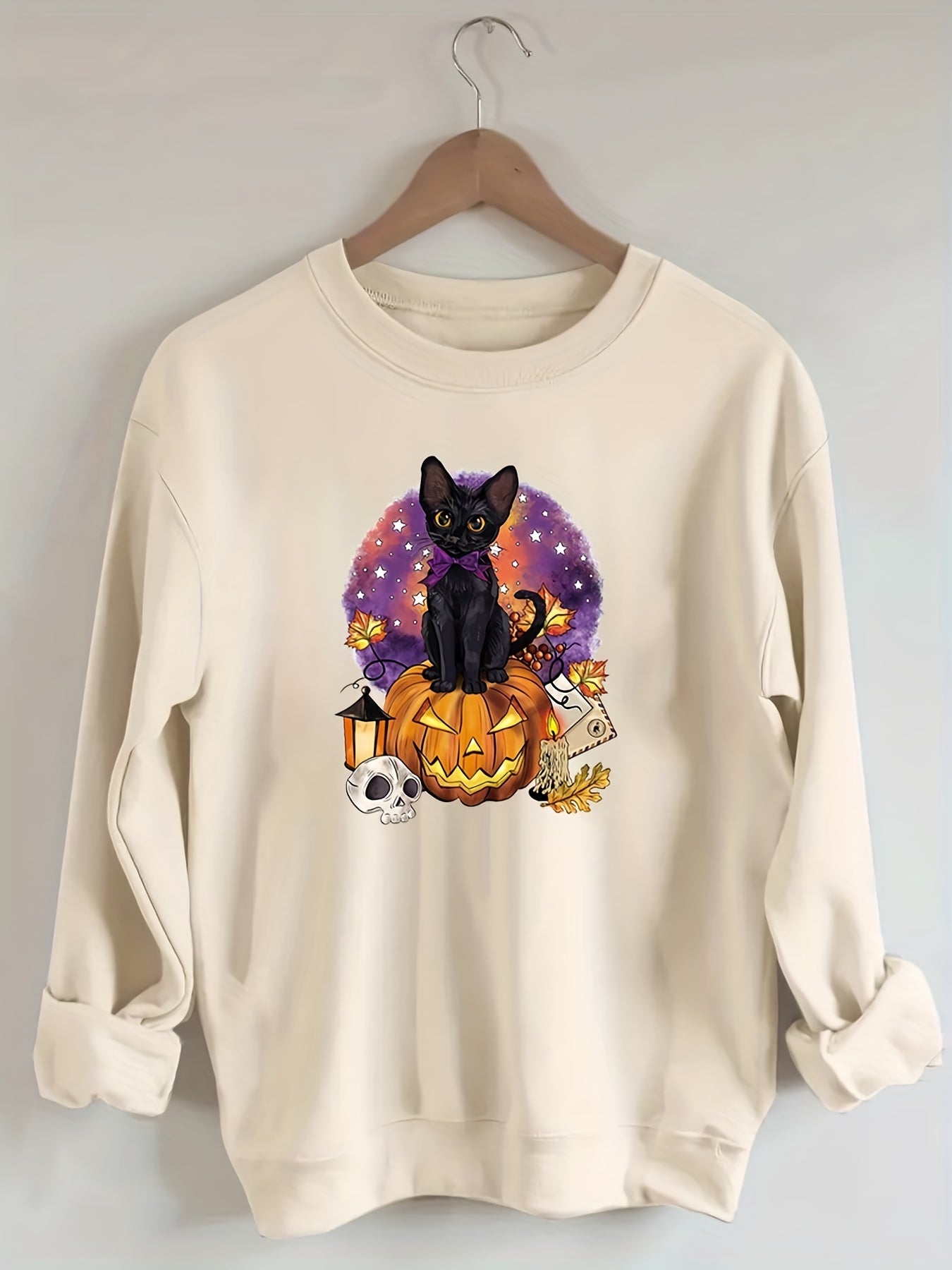 Sixsr Plus Size Halloween Casual Sweatshirt, Women's Plus Cat & Skull & Pumpkin Print Round Neck Long Sleeve Sweatshirt