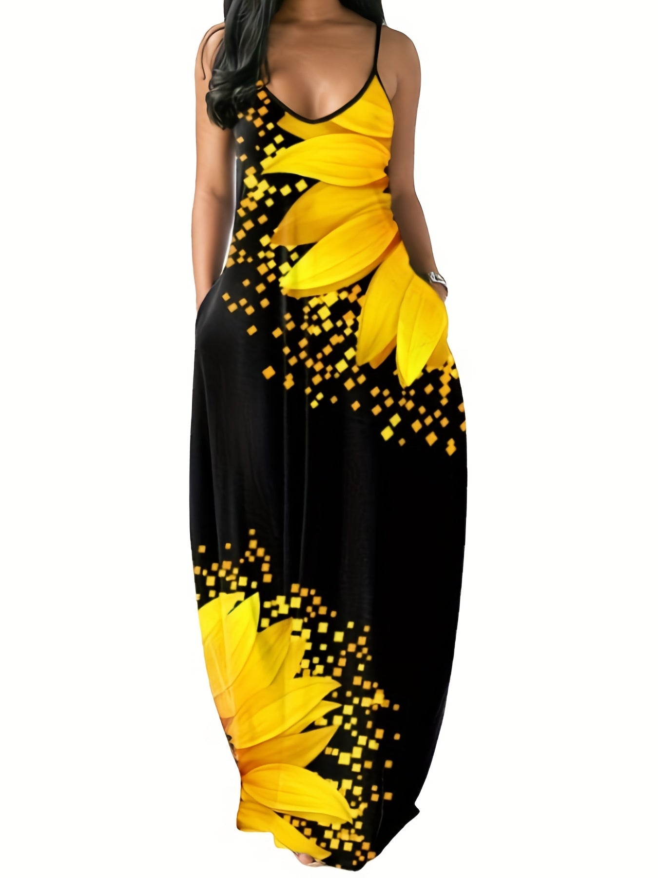 Sixsr Plus Size Casual Dress, Women's Plus Floral Print Cami Maxi Dress With Pockets