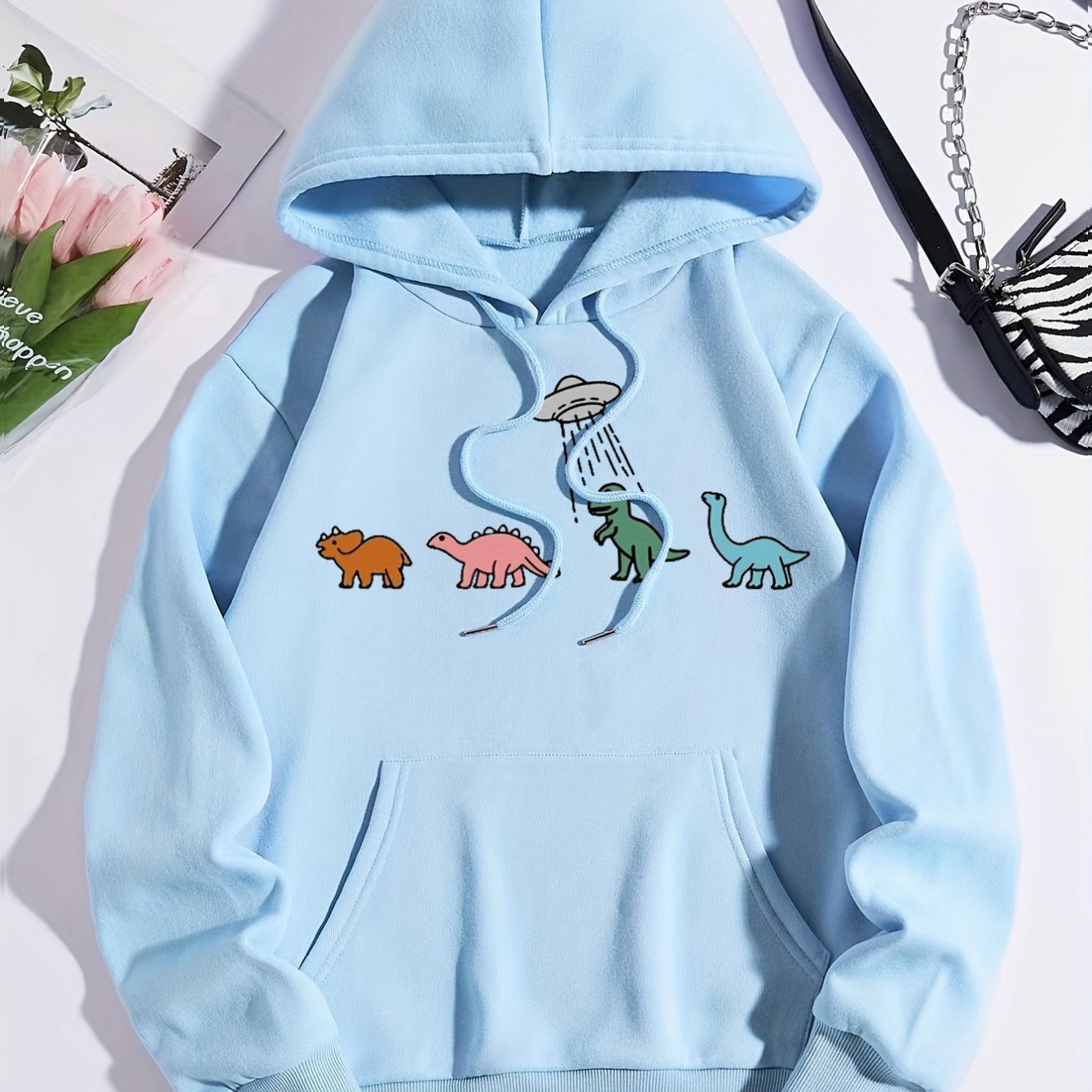 Sixsr Plus Size Casual Sweatshirt, Women's Plus Dinosaur Print Long Sleeve Drawstring Hoodie With Pockets