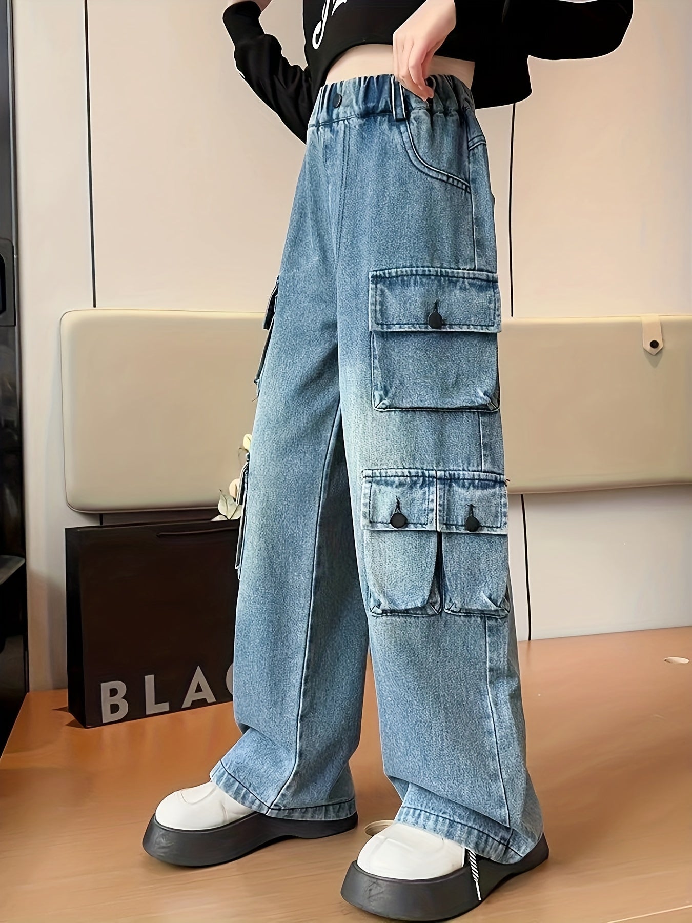 Sixsr Girls' Autumn/winter Trousers, Trendy Loose Straight Multi-pocket Cargo Denim Pants, Kids' Jeans For Outdoor, Kids Clothing
