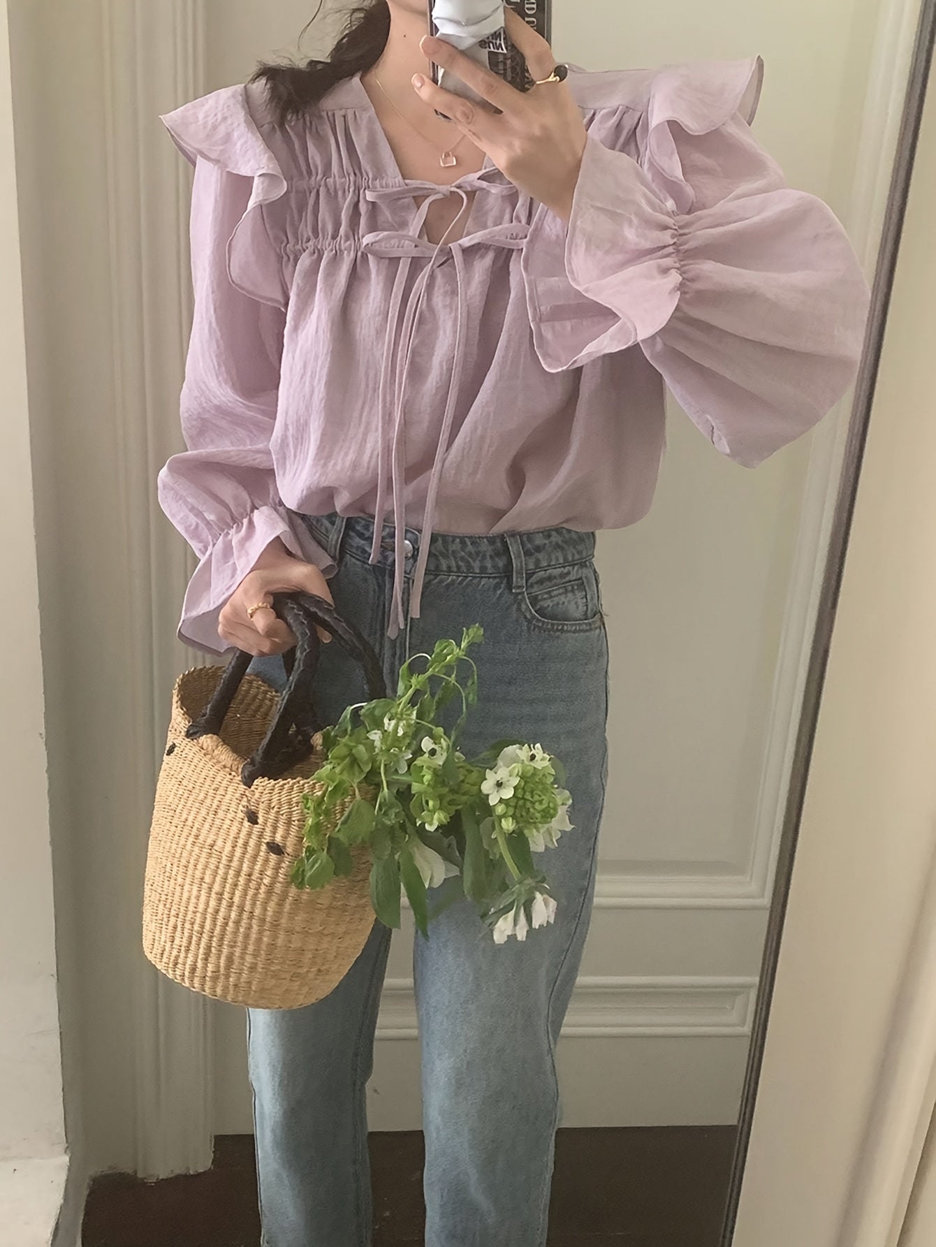 Sixsr Solid Ruffle Trim Tie Front Blouse, Sweet Long Sleeve Blouse For Spring & Fall, Women's Clothing