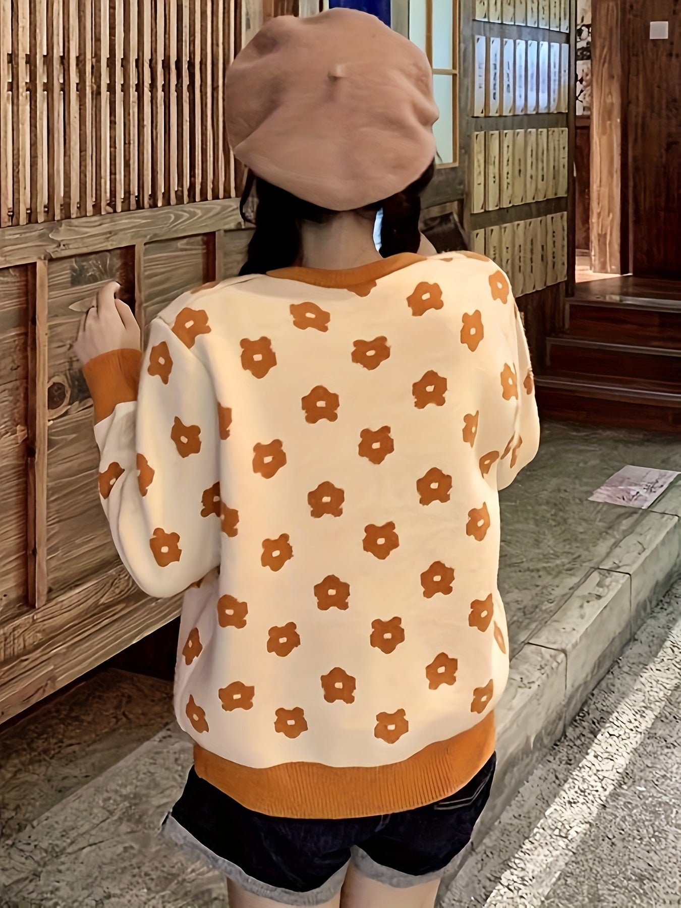 Sixsr Floral Pattern Button Front Cardigan, Vintage Long Sleeve Drop Shoulder Outwear, Women's Clothing