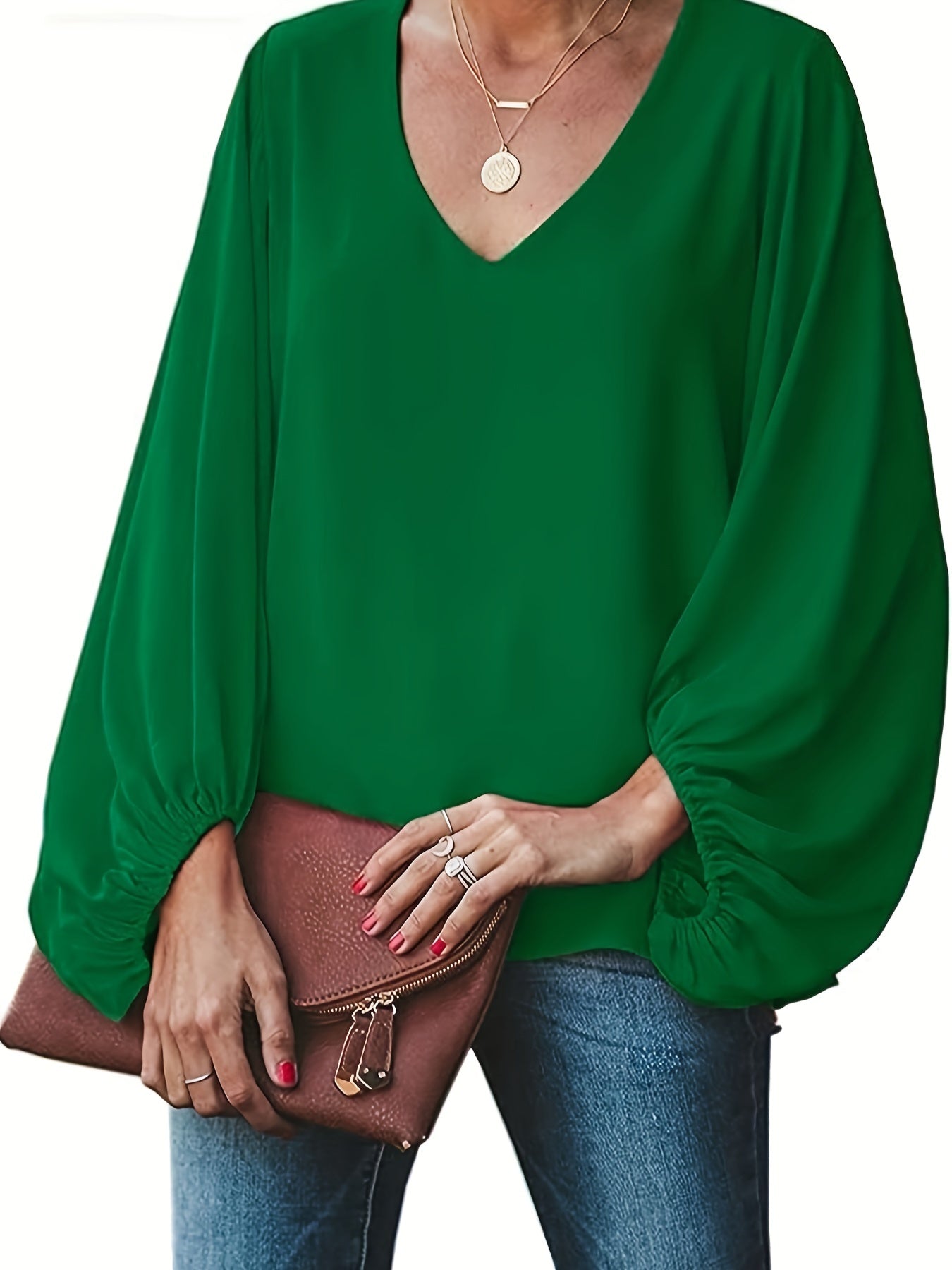 Sixsr Plus Size Casual Top, Women's Plus Solid Lantern Sleeve V Neck Non-stretch Loose Fit Top
