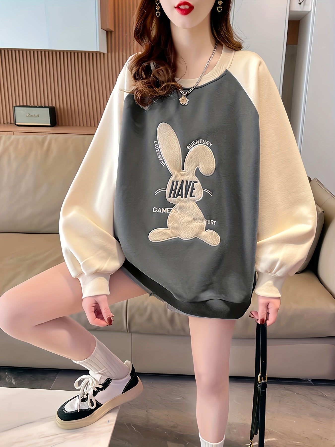 Sixsr Patched Rabbit Sweatshirt, Casual Raglan Neck Long Sleeve Sweatshirt, Women's Clothing