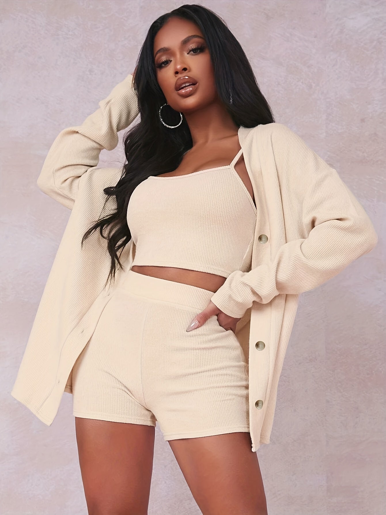 Sixsr Solid Casual Three-piece Set, Button Front Long Sleeve Tops & Spaghetti Strap Cami Top & Slim Shorts Outfits, Women's Clothing
