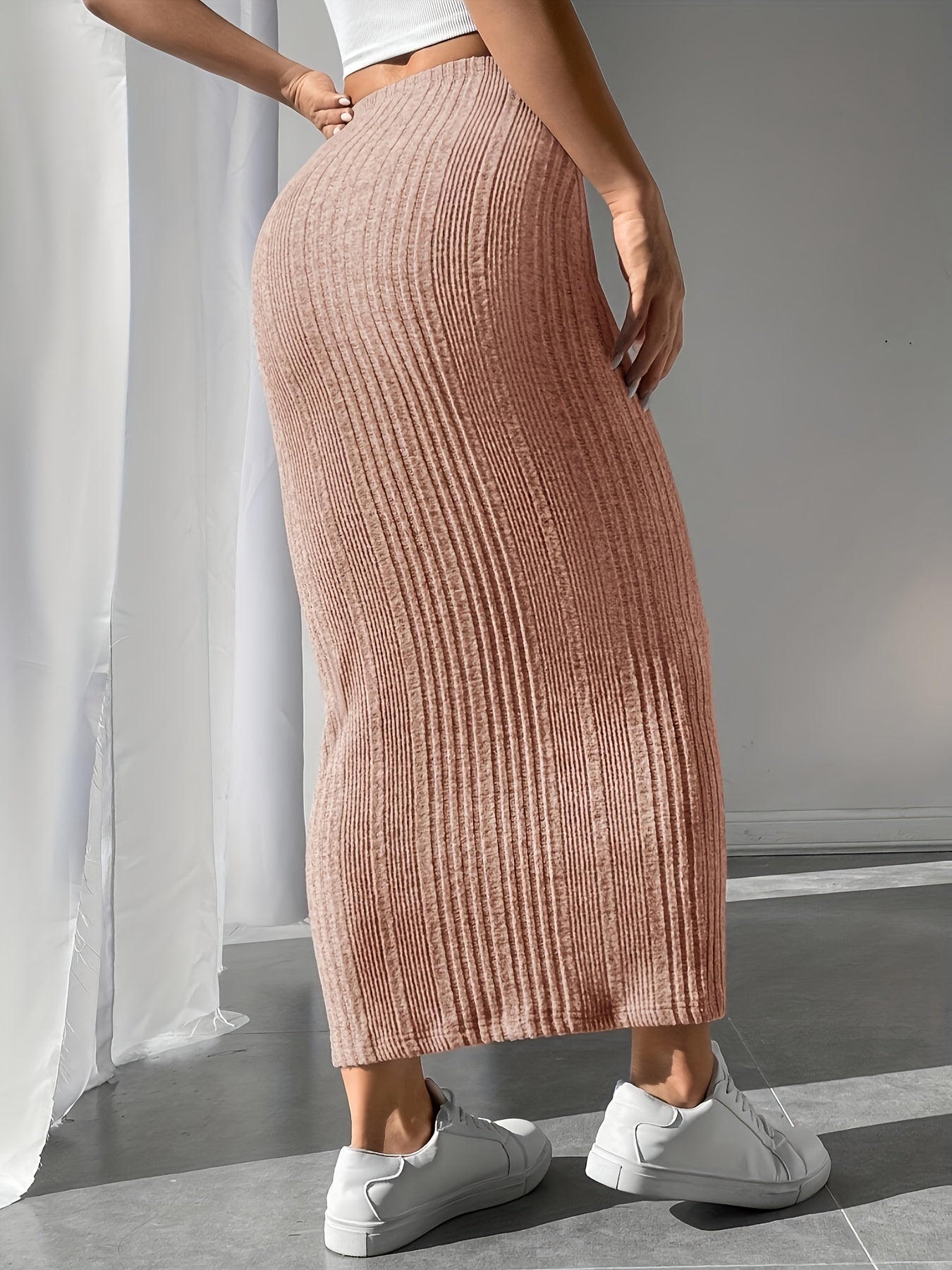 Sixsr Solid Ribbed High Waist Skirt, Casual Ankle Length Skirt For Spring & Fall, Women's Clothing