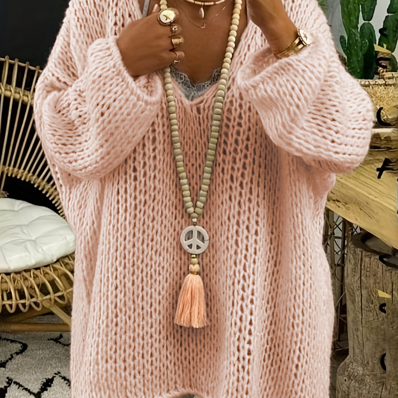 Sixsr Plus Size Casual Sweater, Women's Plus Solid Long Sleeve V Neck Oversized Jumper