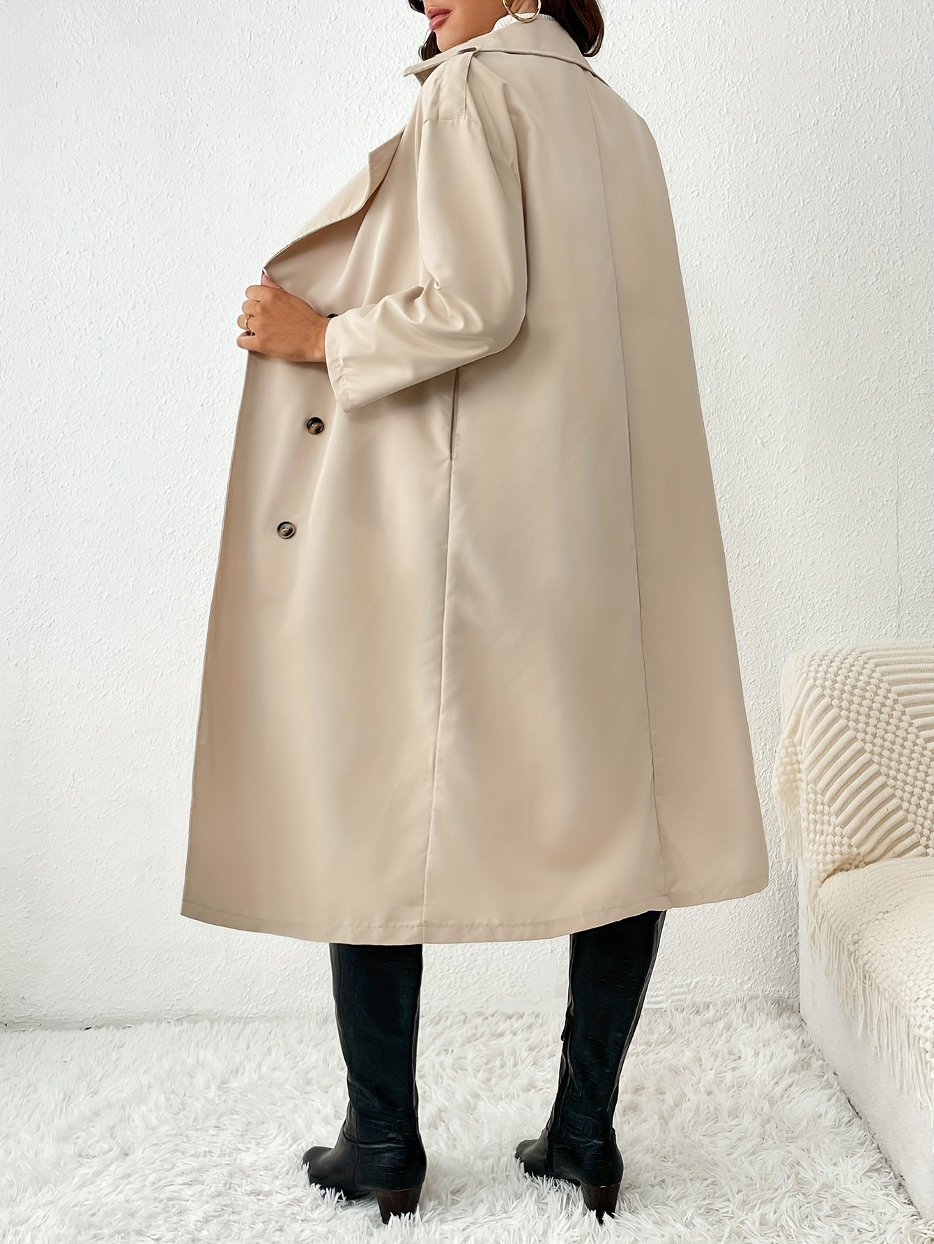 Sixsr Plus Size Casual Trench Coat, Women's Plus Long Sleeve Lapel Collar Double Breasted Trench Coat