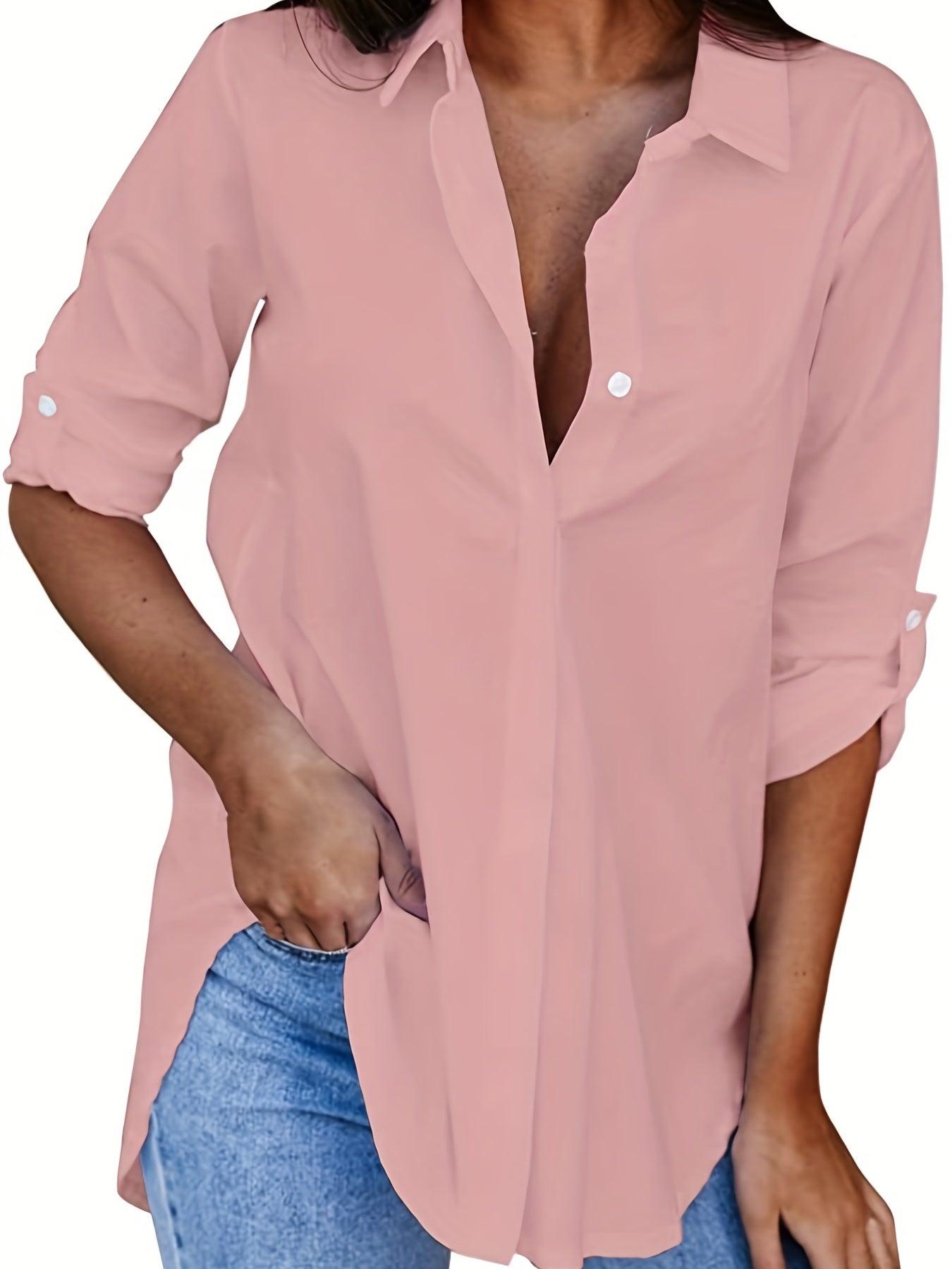 Sixsr Women's Blouse V-neck Solid Button Long Sleeve Casual Blouse