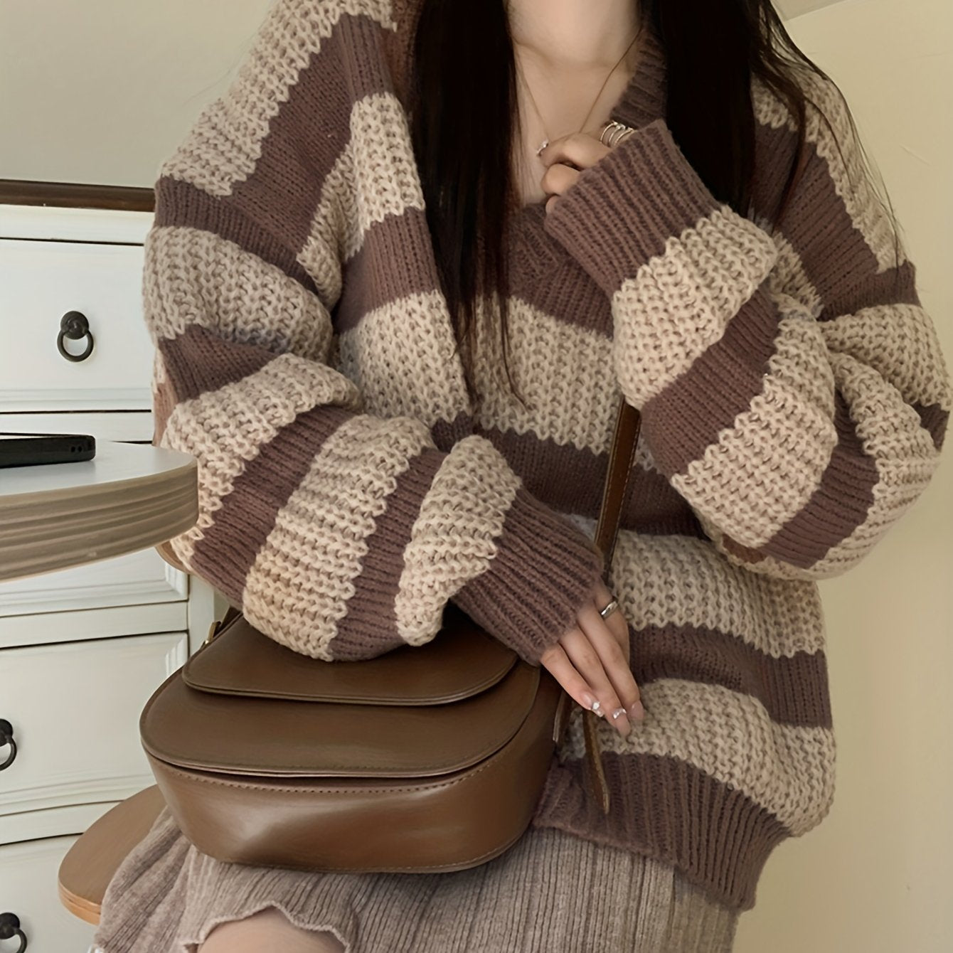 Sixsr Striped V Neck Pullover Sweater, Casual Long Sleeve Drop Shoulder Sweater, Women's Clothing