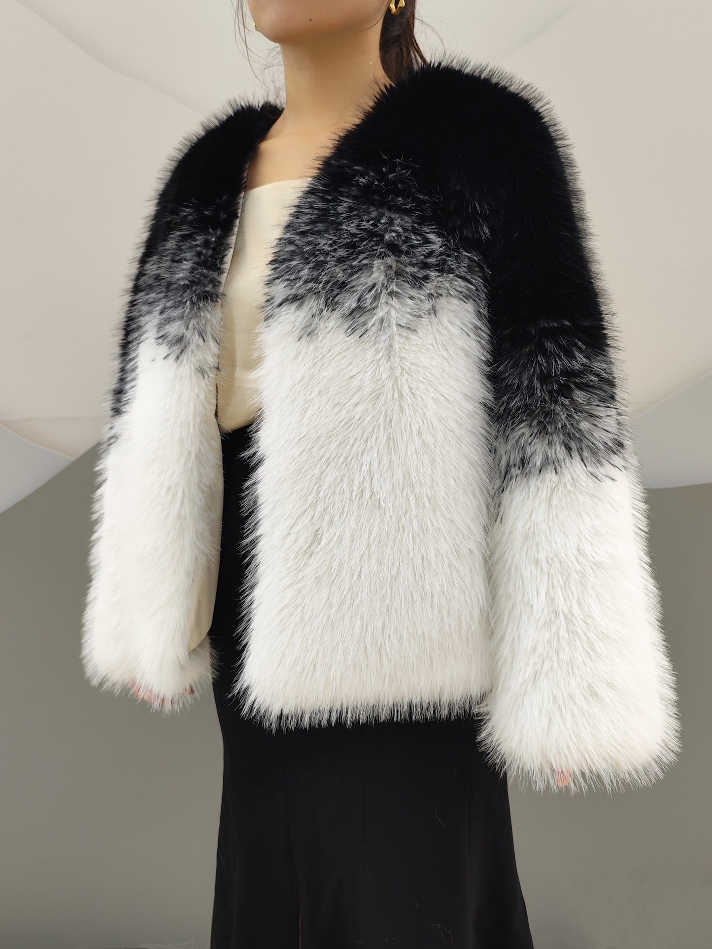 Sixsr Thermal Color Block Faux Fur Coat, Elegant Long Sleeve Open Front Coat, Women's Clothing