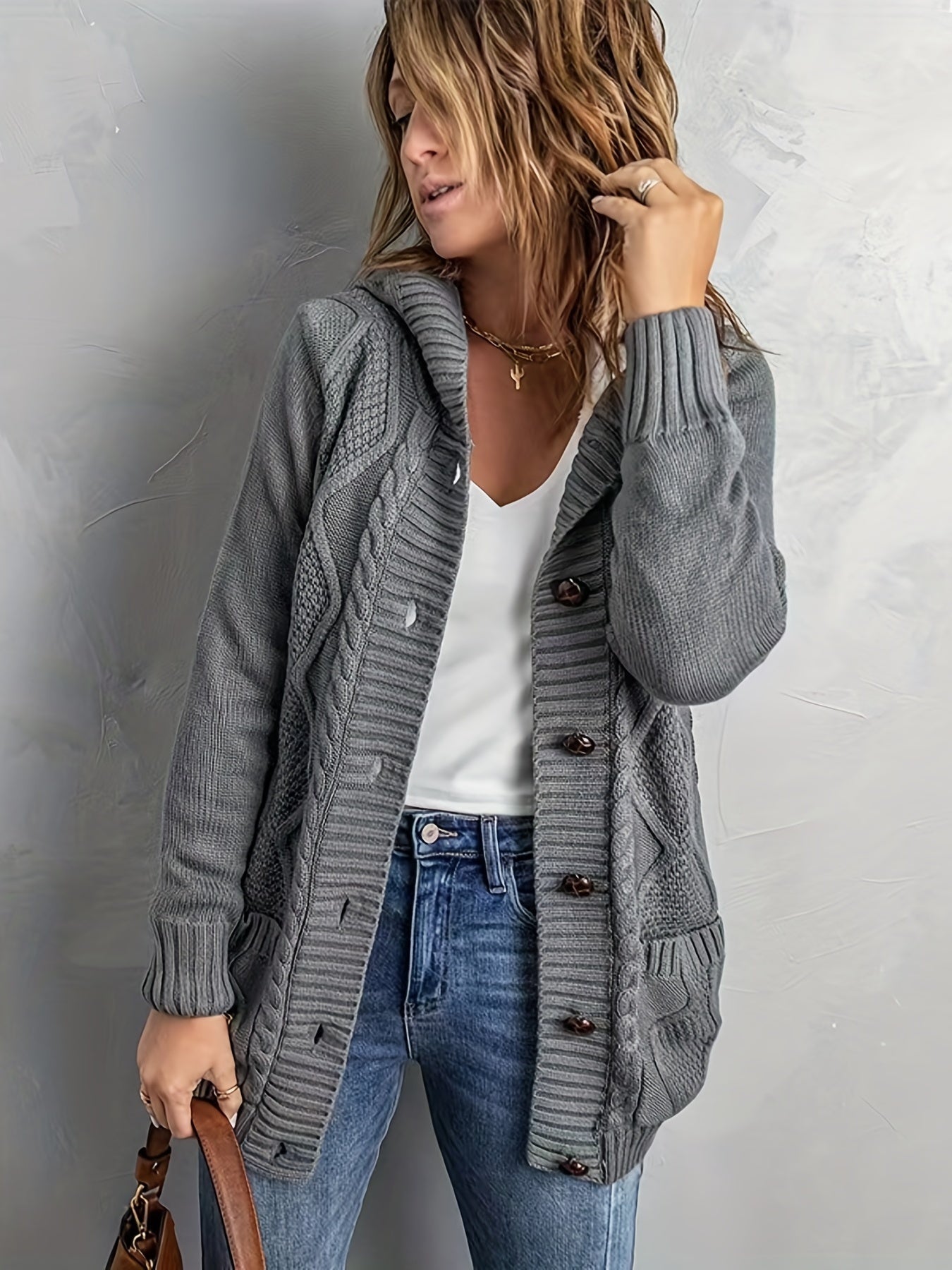 Sixsr Plus Size Casual Sweater, Women's Plus Plain Cable Button Up Hooded Long Sleeve Jumper