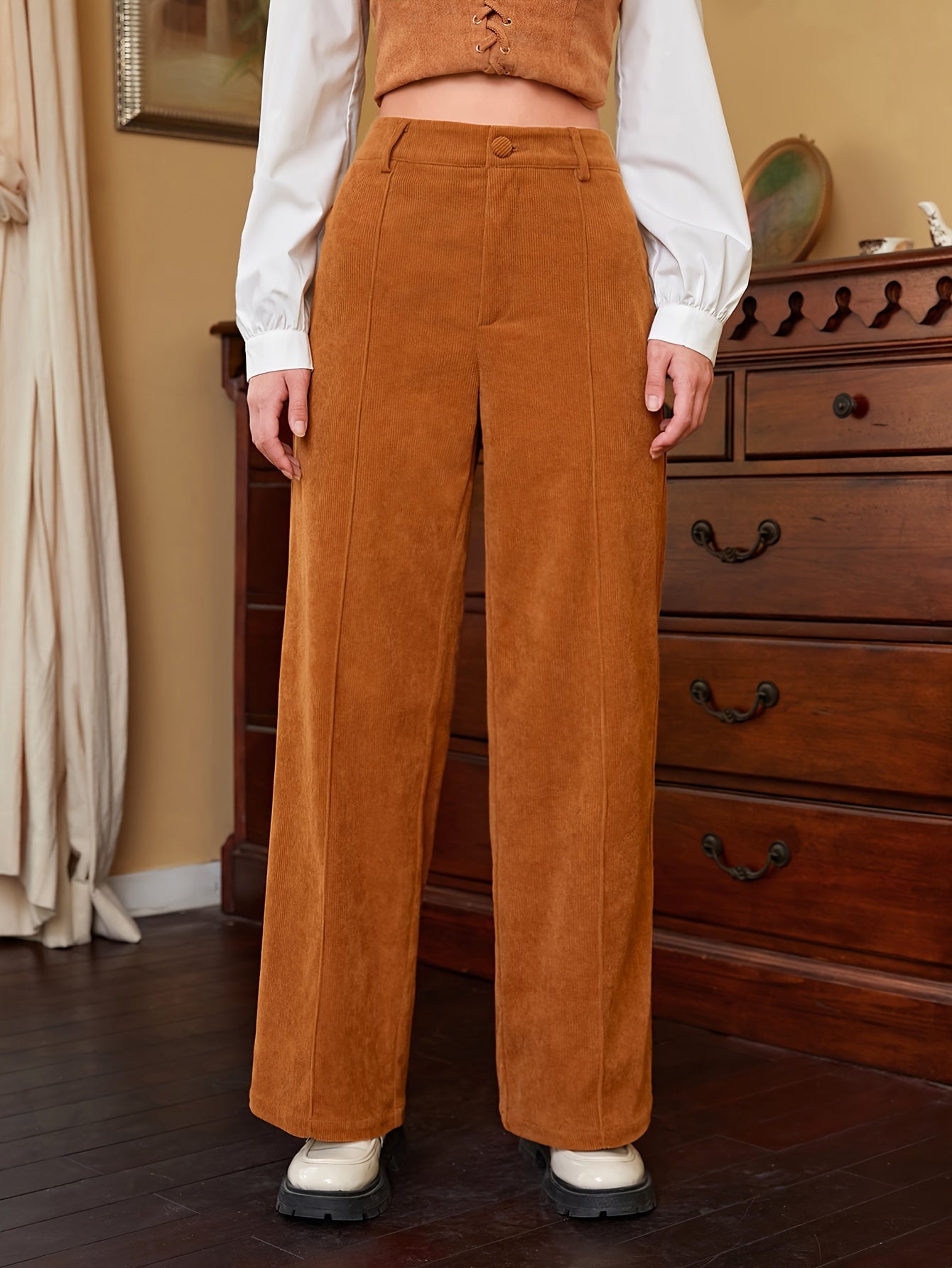 Sixsr Solid Corduroy Button Front Pants, Casual Wide Leg Pants For Fall & Winter, Women's Clothing
