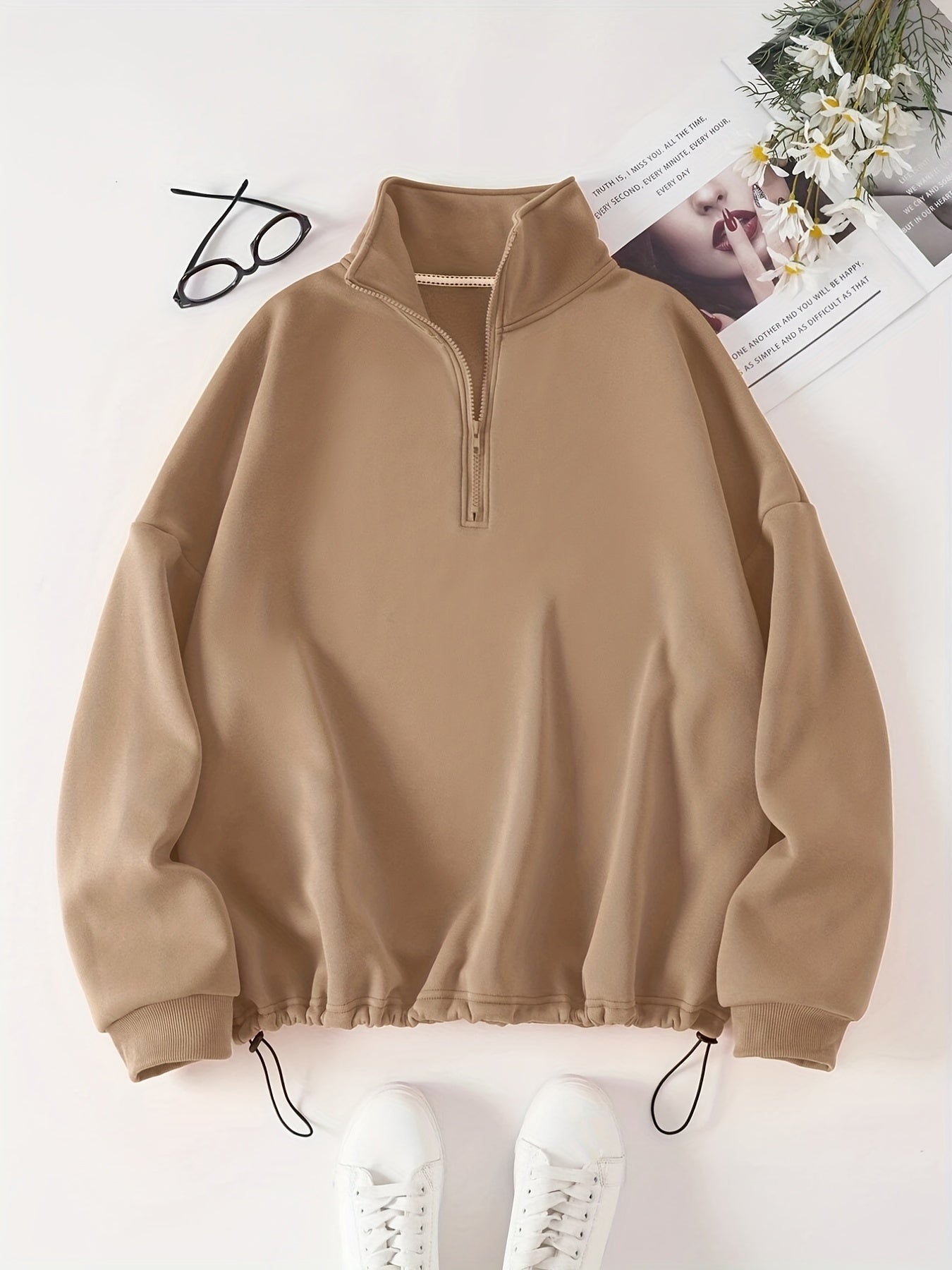 Sixsr Solid Quarter Zip Pullover Sweatshirt, Casual Long Sleeve Mock Neck Sweatshirt For Fall & Winter, Women's Clothing