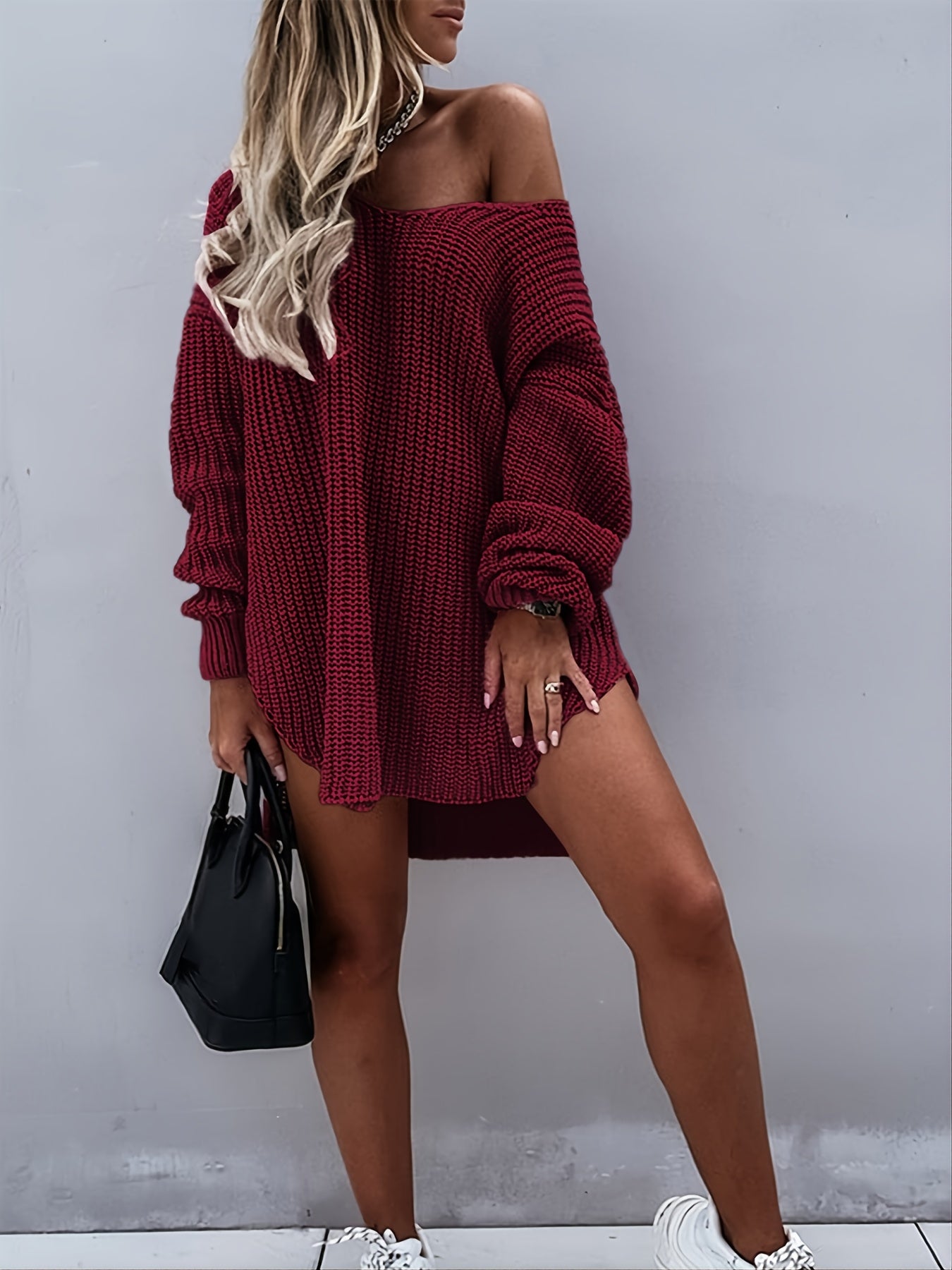 Sixsr Women's Sweater Solid V Neck Drop Shoulder Knitted Loose Sweater Dresses