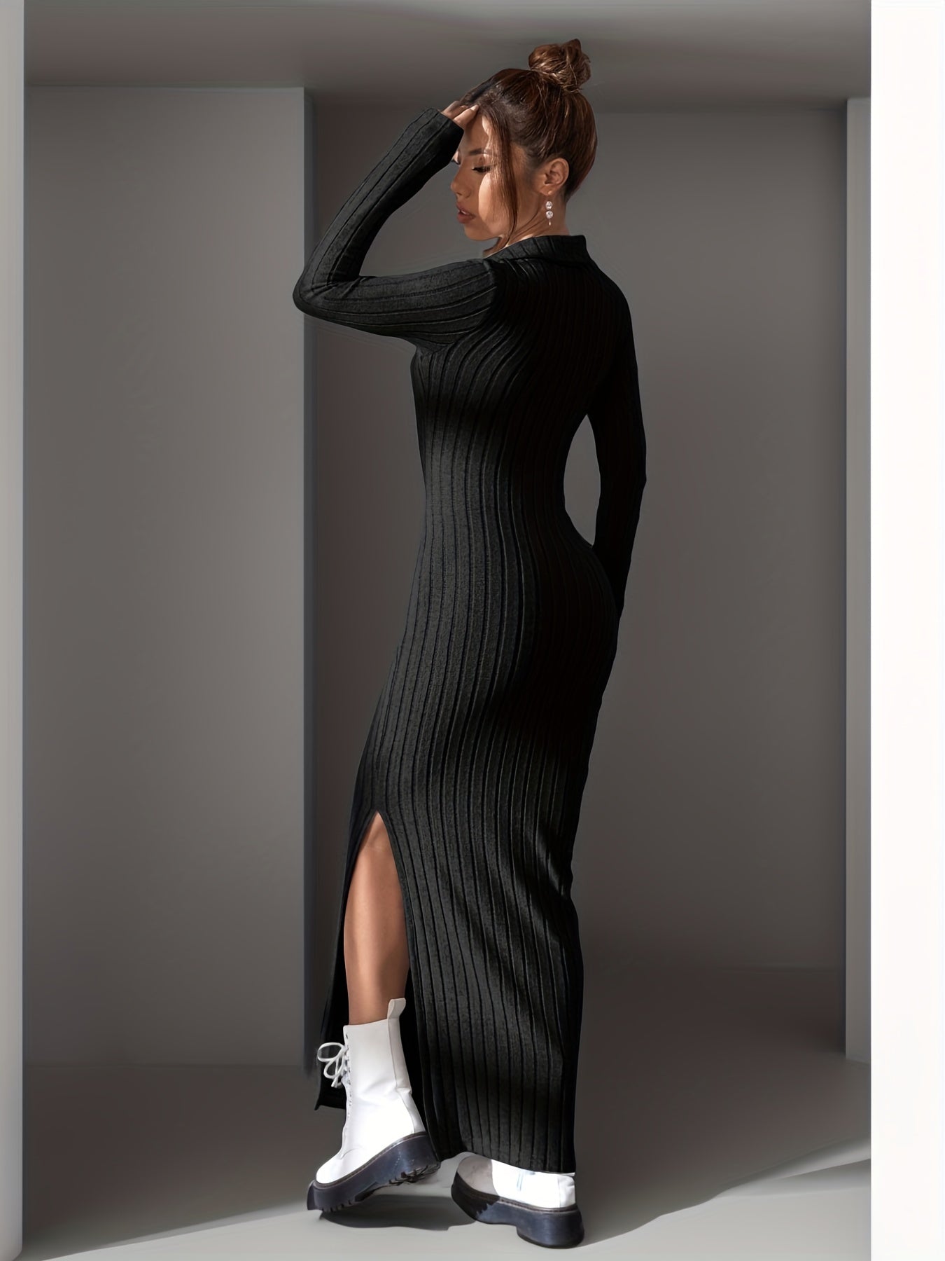 Sixsr Ribbed Split Dress, Casual V Neck Long Sleeve Maxi Dress, Women's Clothing