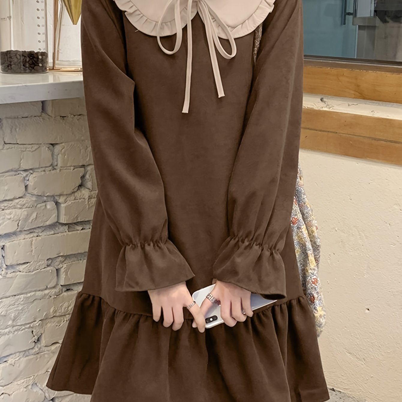 Sixsr Ruffle Trim Peter Pan Collar Dress, Casual Lantern Sleeve Loose Dress, Women's Clothing